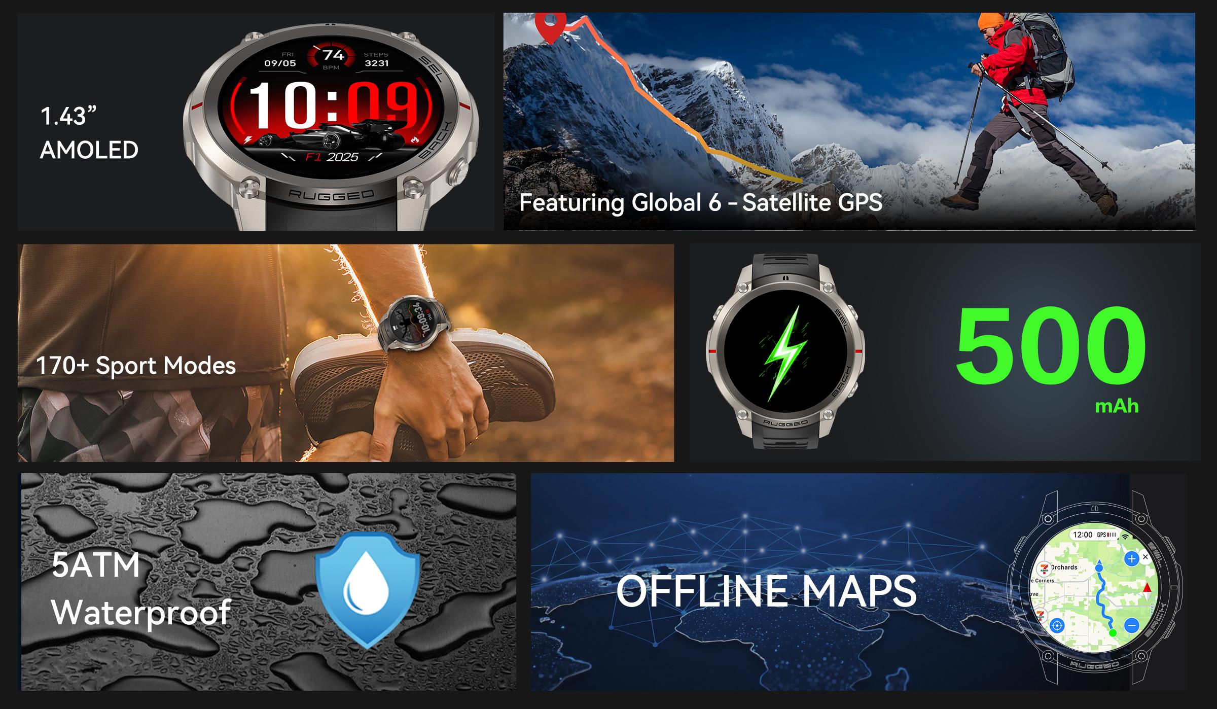 2026 New GPS Smart Watch, 1.43 Inch Amoled Screen, 5ATM Waterproof, 500mah Long Battery, Bluetooth-compatible Connectivity, Outdoor Sports, Sports Smartwatches, Built in GPS Offline Map Downloads