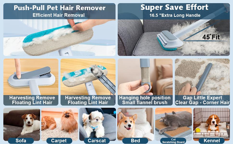 [4 in 1] Pet Hair Removal Tool, Multi-functional, Reusable, Washable Lint Cleaner for Dog and Cat Hair, Gentle on Furniture, Effective on Carpets, Clothing, Bedding,  Car, Window Pet Hair Remover for Furniture, Cat/Dog Hair Remover with Extra long Handle