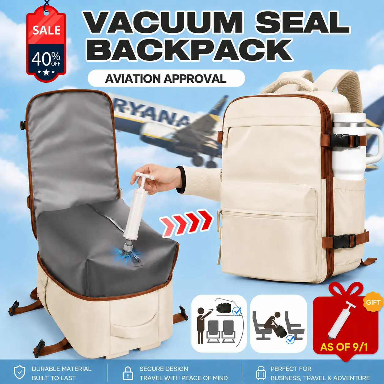 Vacuum Travel Backpack with Pump, Compression Carry-On Backpack, Airline Approved Flight Bag, Durable Hiking Rucksack for Men and Women, Outdoor Trekking, International Travel & Air Trips