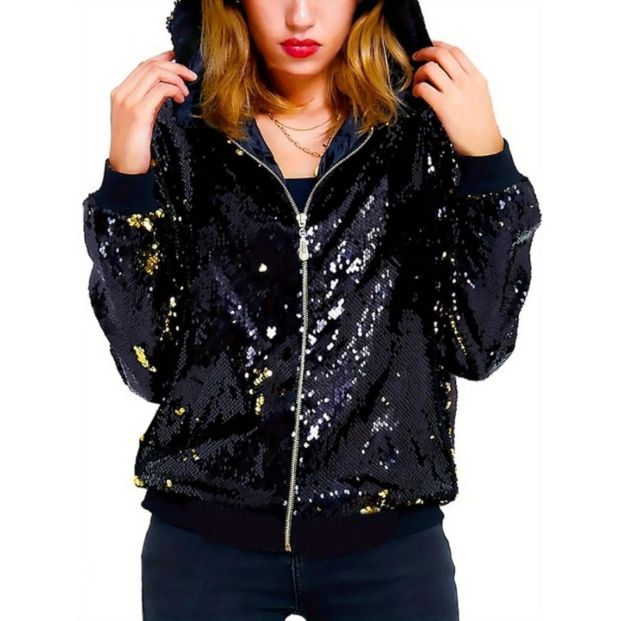 Women's Sequined Casual Jacket, Ombre Pattern, Fitted Style, Zipper Design, Long Sleeve, All Seasons Wear, Perfect for Parties