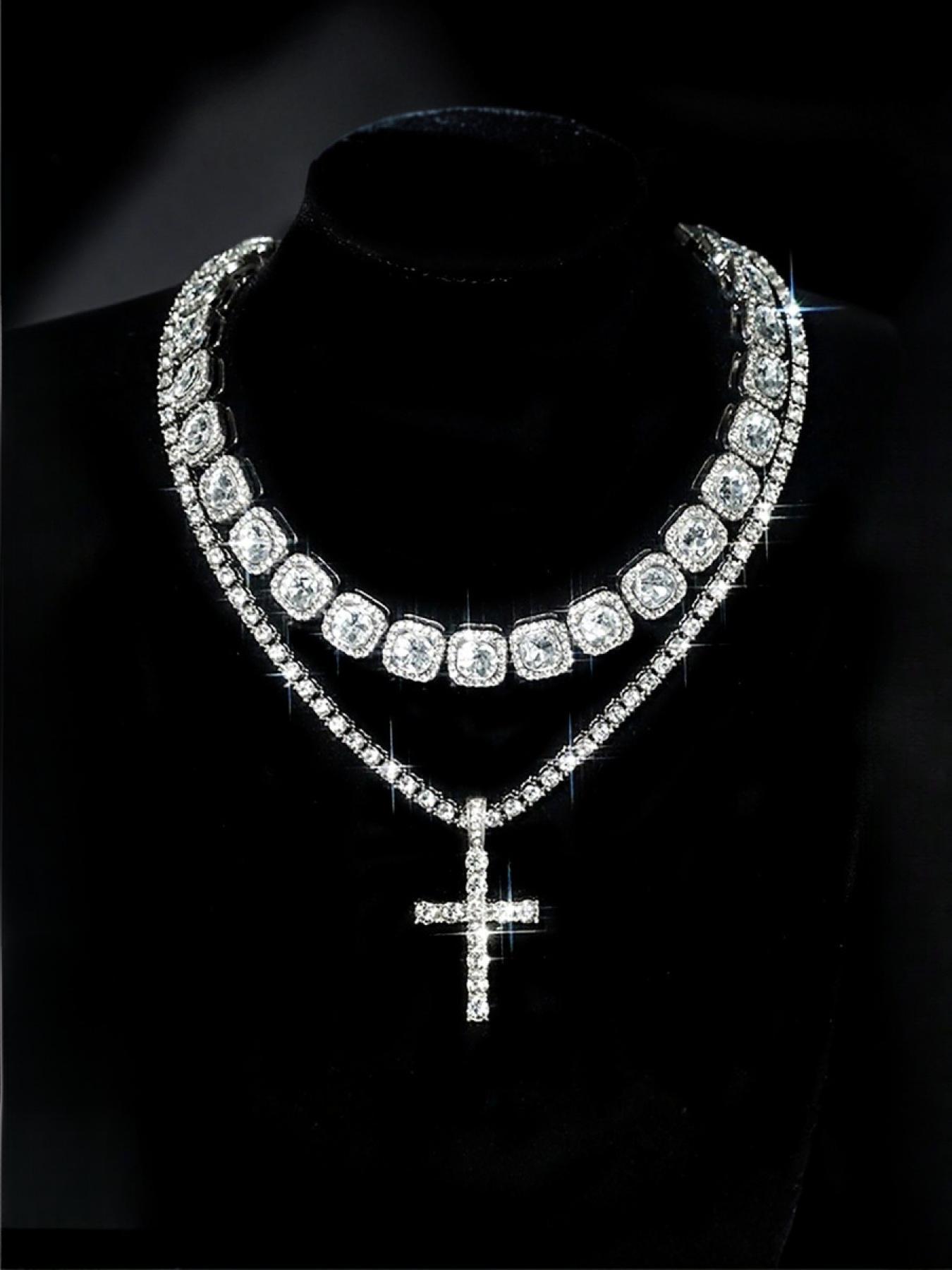 Fashionable and simple cross pendant with square diamond Cuban chain set, moissanite European and American hip-hop style necklace pendant, gold and silver chain necklace, ice diamond tennis festival necklace jewelry set