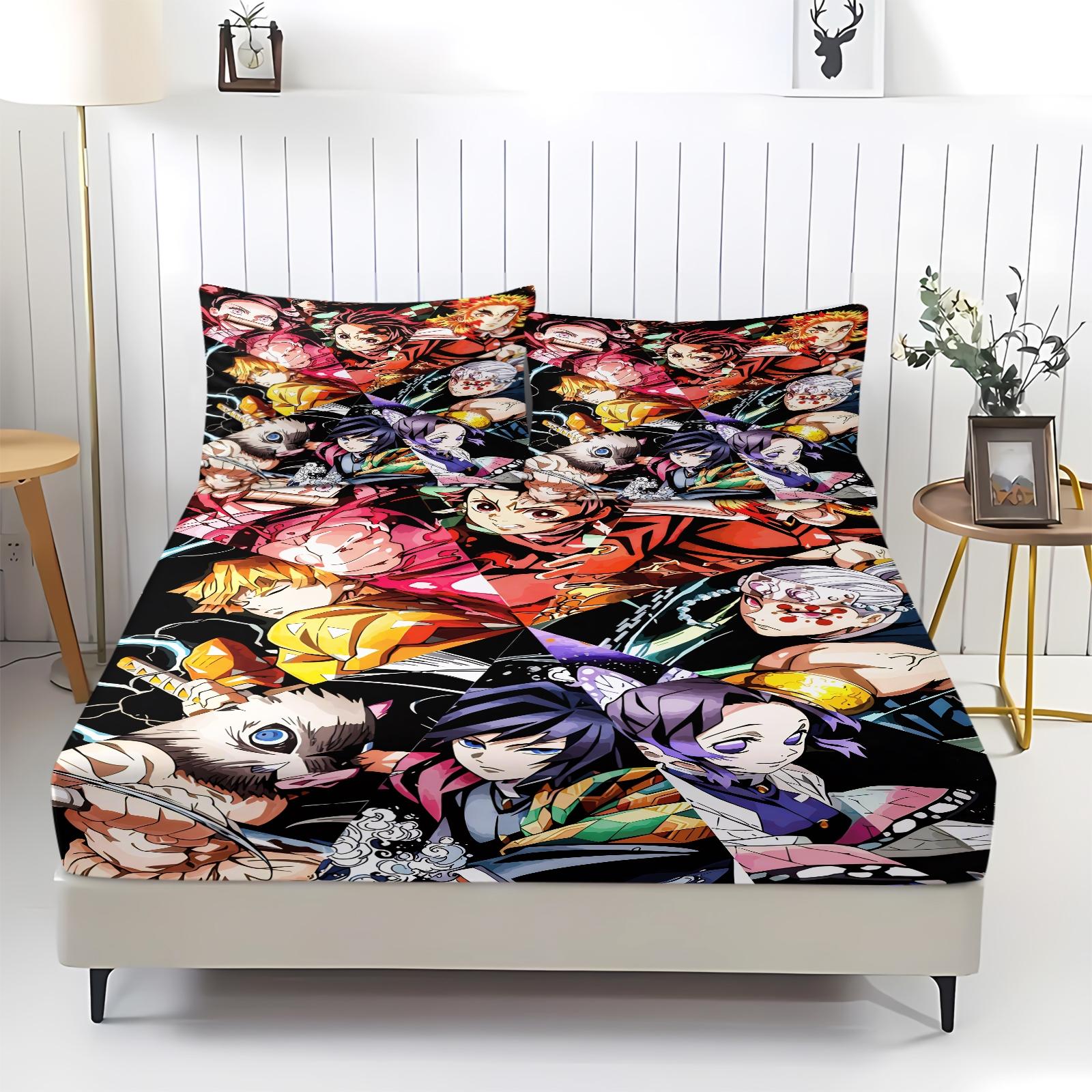 3-Piece Demon Slayer Bedding Set, Comfortable Printed Design, Includes 1 Fitted Sheet & 2 Pillowcases, Non-Slip, Perfect Gift, Bed Sheets