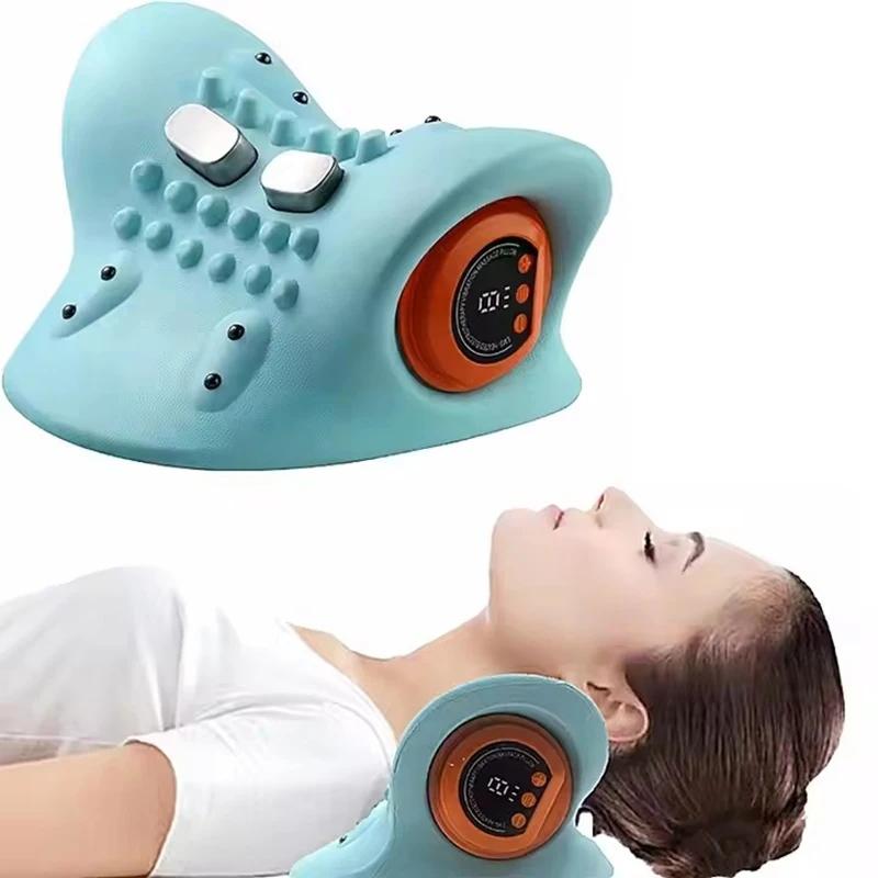 Electric cervical traction massager, neck massager, EMS relaxation and heating kneading massage pillow, ergonomic headrest, for adult neck repair traction, electric neck and head acupoint massage, home relaxation tools, USB charging
