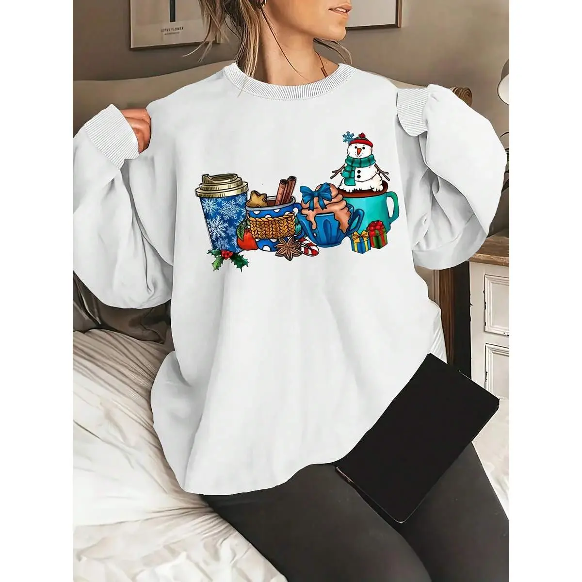 1 Piece Of Plus-Size Christmas Print Pullover, Casual Long-Sleeve Crew Neck Sweatshirt For Autumn And Spring, Women's Plus-Size Clothing, Soft