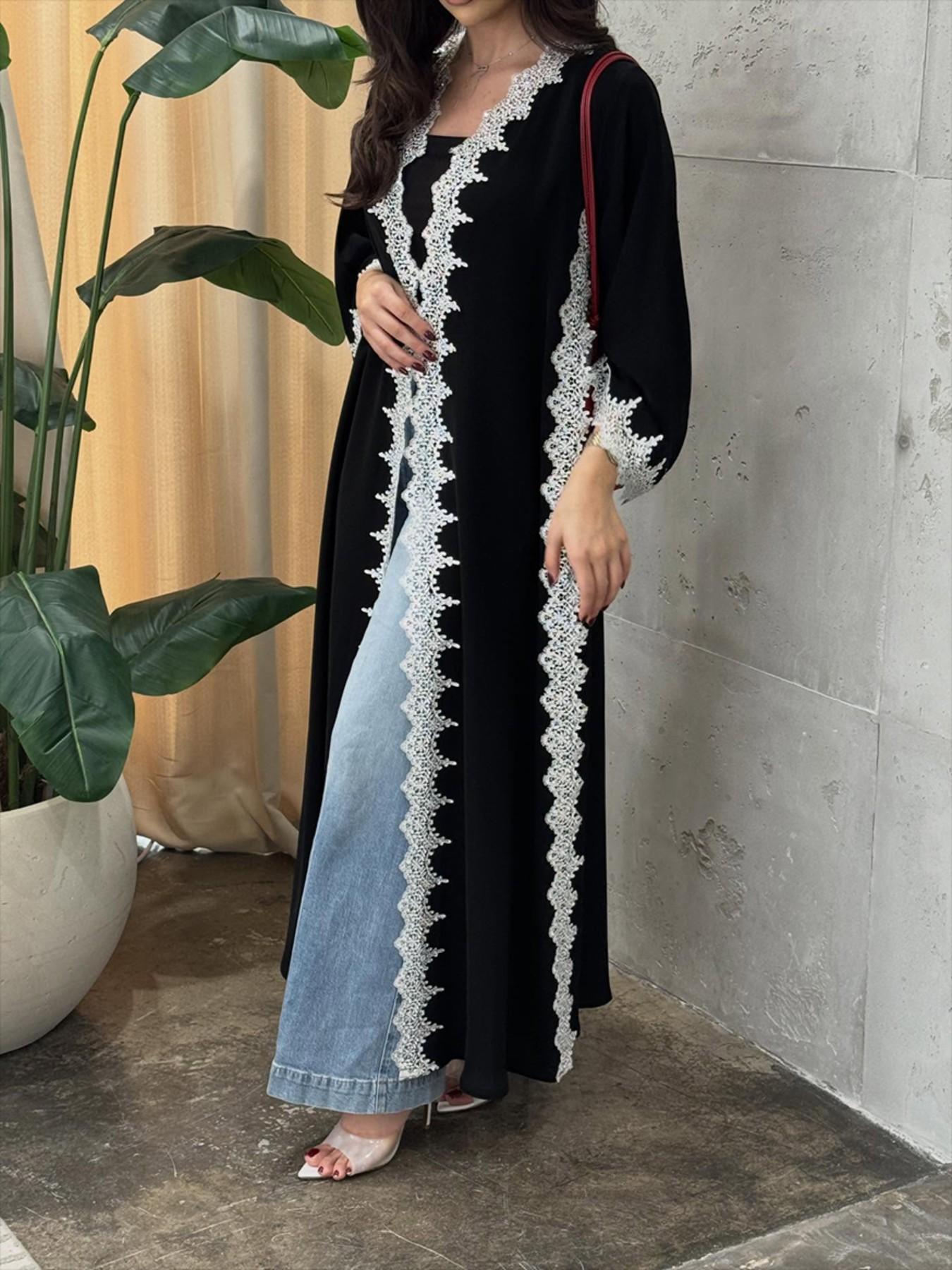 Hafizah French Lace Trim Long Sleeve Oversize Loose Fit Cardigan, Casual Drop Shoulder Outerwear for All Seasons, Chic Office Style Women's Daily Wear Jacket Everyday