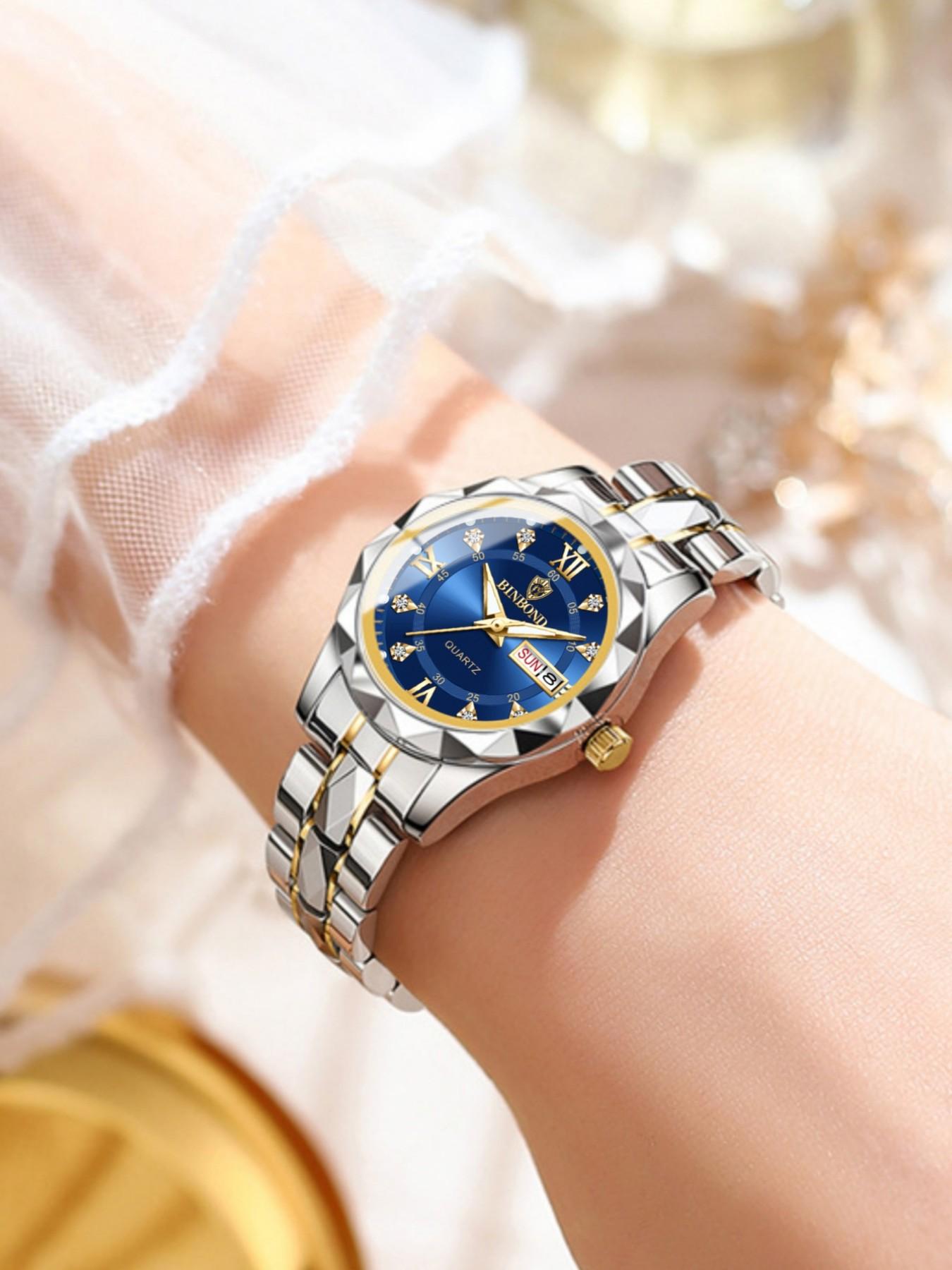 Women's Fashion Round Dial Stainless Steel Strap Quartz Watch, Rhinestone Decorated Watch, Rhinestone Embellished Watch, 30m Waterproof Watch with Calendar Function, Trendy All-match & Exquisite Watch for Birthday Gift with Box