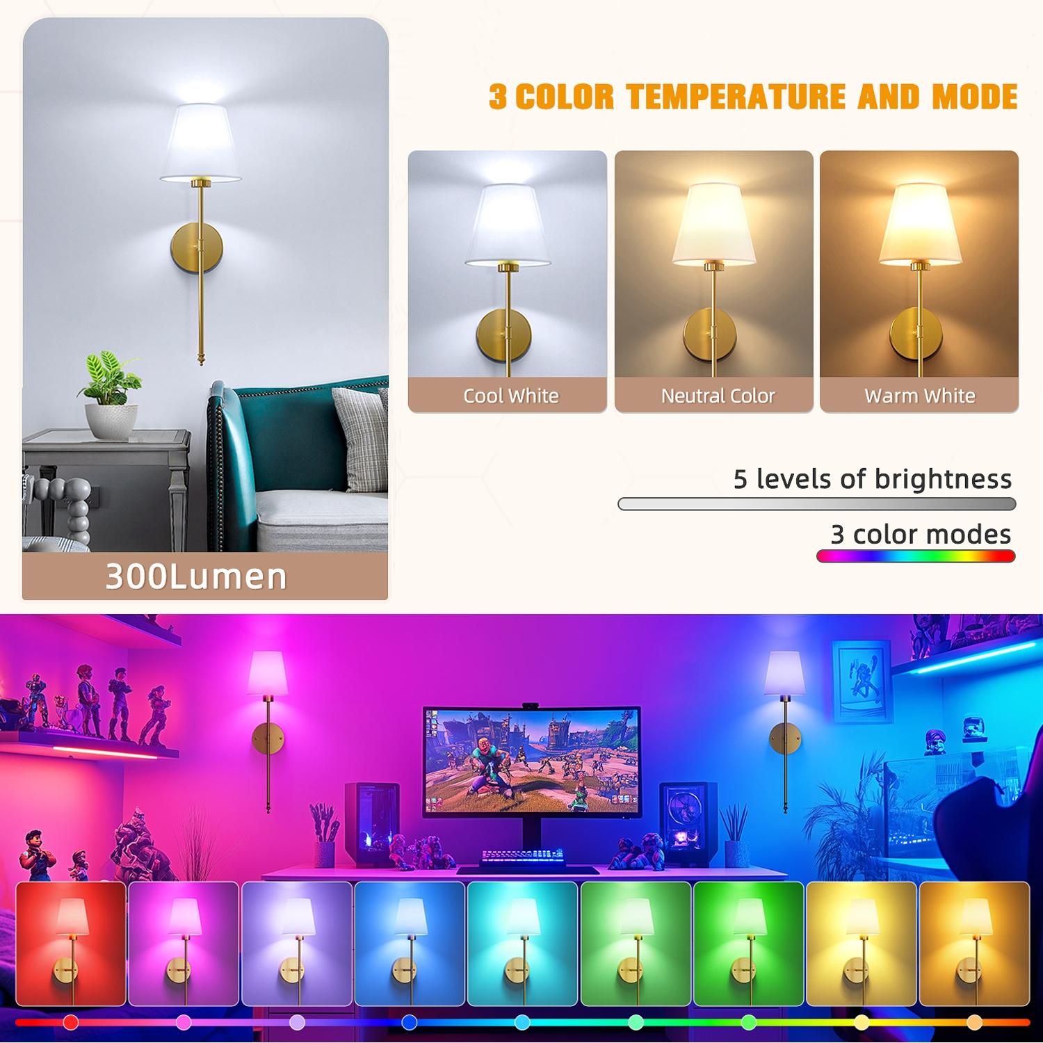 2Pcs Wall Sconces Vintage LED Rechargeable RGB Dimmable Strip with Remote Control, Fabric-Covered Decorative Wall Lights, Wireless Installation, Suitable for Bedrooms, Living Rooms, Home Offices, TV Backdrops, and Interior Decorative Ambient Lighting
