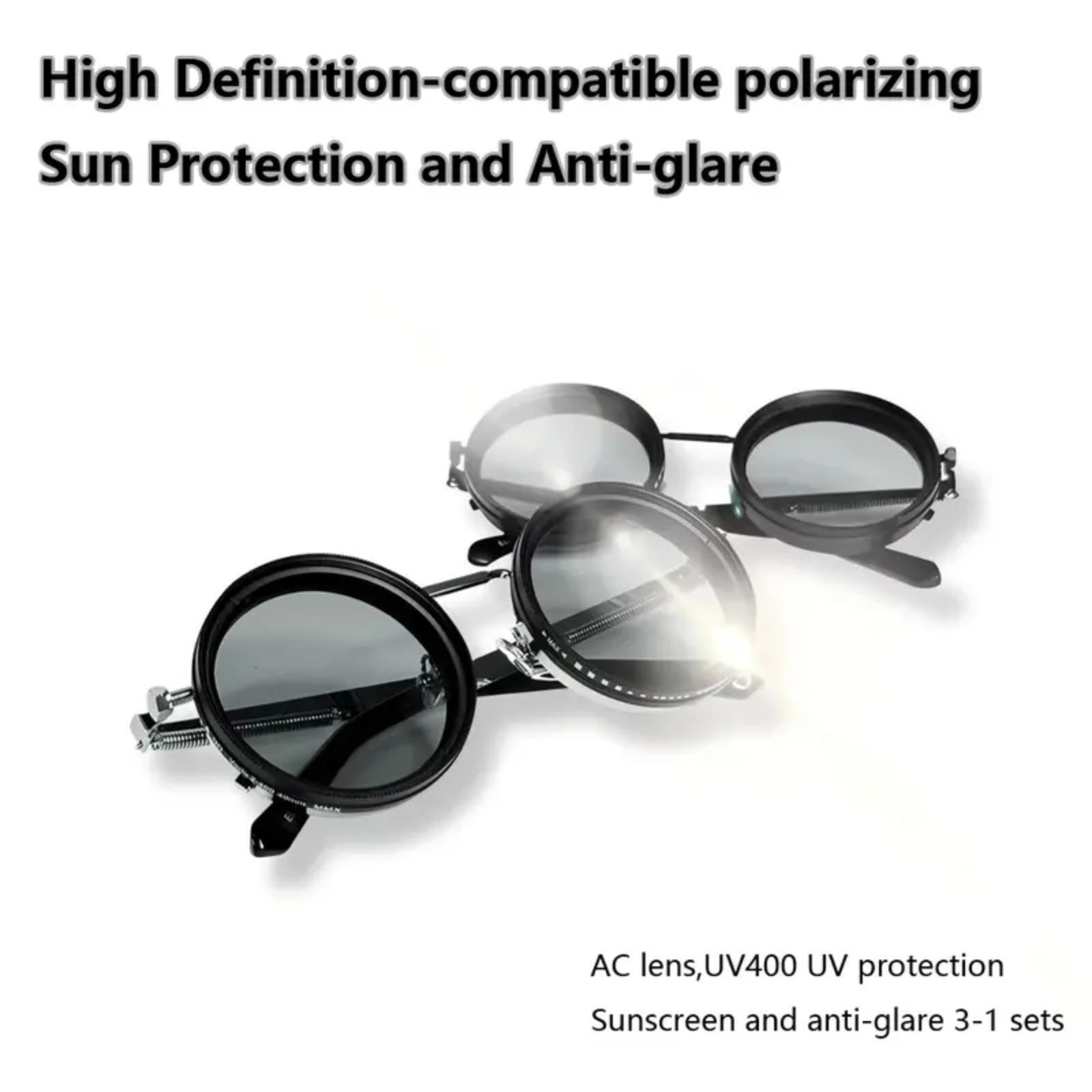 2026 New ND9 Polarized Round Sunglasses for Men Women, Photochromic Adjustable Lens UV400 Protection, Retro Punk Style Outdoor Eyewear Ideal for Fishing, Driving & Sports Activities