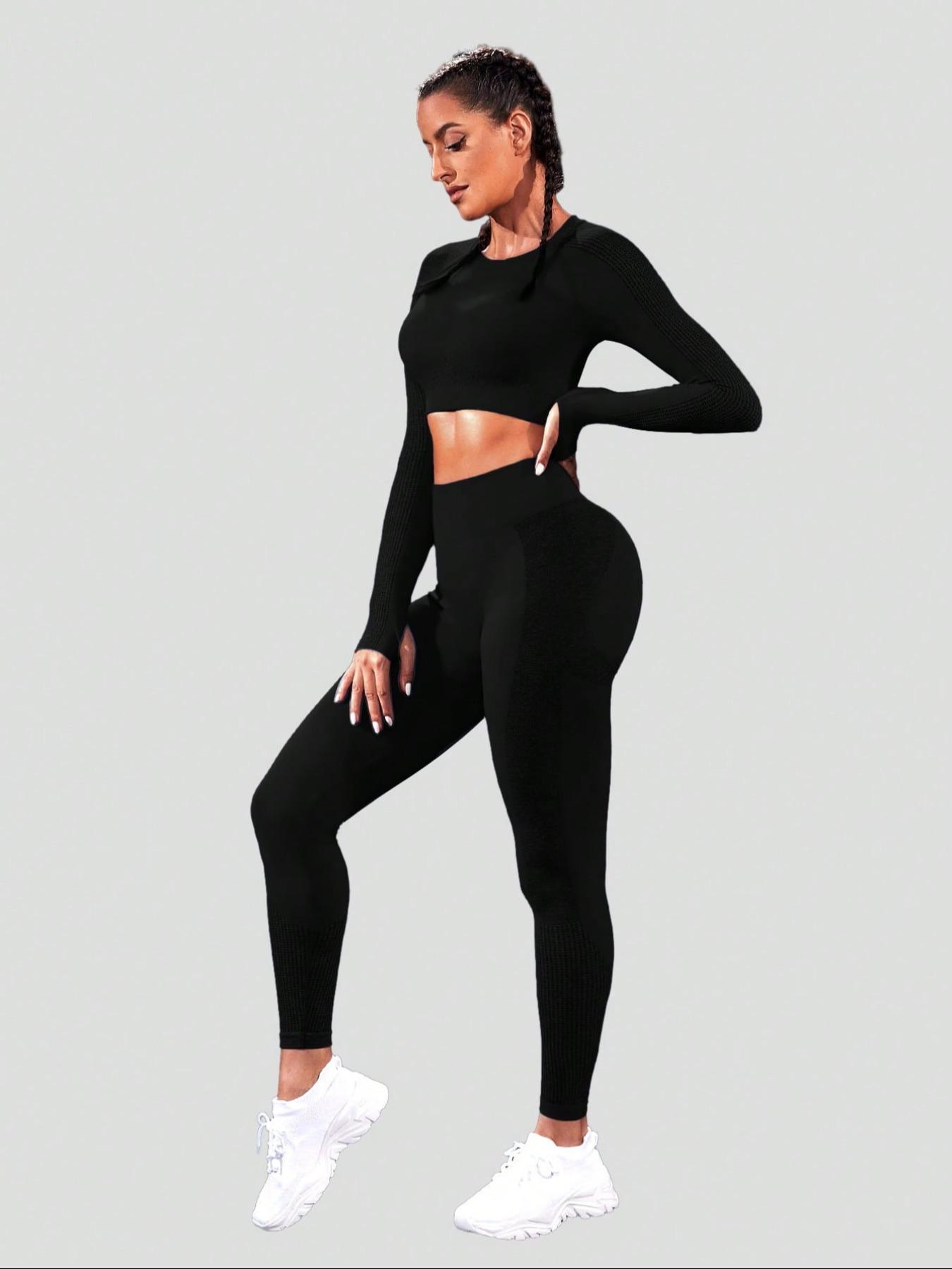 Two-piece Set Sporty Women's Plain Round Neck Crop Top & Ruched High Waist Leggings Tracksuit Set, Comfy Breathable Two-piece Outfits for Yoga Gym Running, Ladies Sportswear for All Seasons, Activewear, Athletic Wear, Gym Clothes Workout
