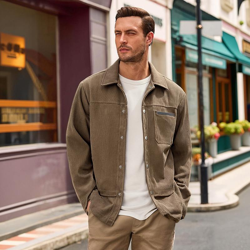 Men's Classic Vintage Corduroy Button-Front Trucker Coat - Menswear, Lapel Collar, Functional Patch Pockets, Relaxed Fit, Soft Fabric Lightweight Shacket for Casual Layering, Street Fashion