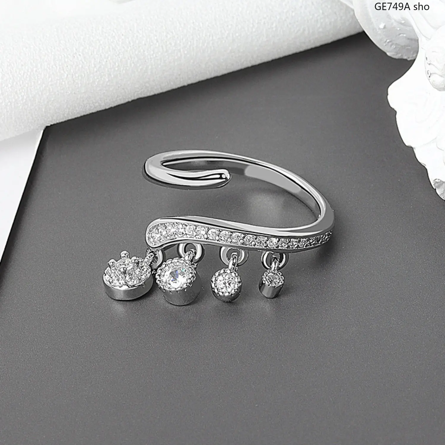Women's Dangle Tassel CZ Wave Ring - Open Adjustable Finger Band with Fringe Loop Charm, TPU Accent, Elegant Aesthetic Trendy Prom Jewelry for Mother's Day Birthday Gifts