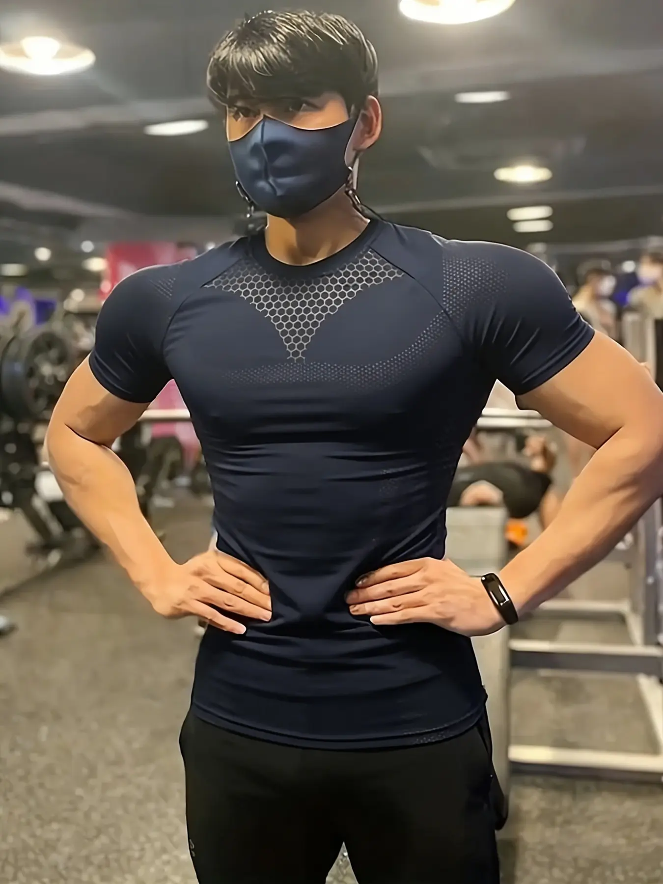 Men's Round Neck Raglan Compression Fitness Shirts Short Sleeve, High Elasticity Breathable Mesh Fabric, Geometric Pattern, Slim Fit, All Seasons
