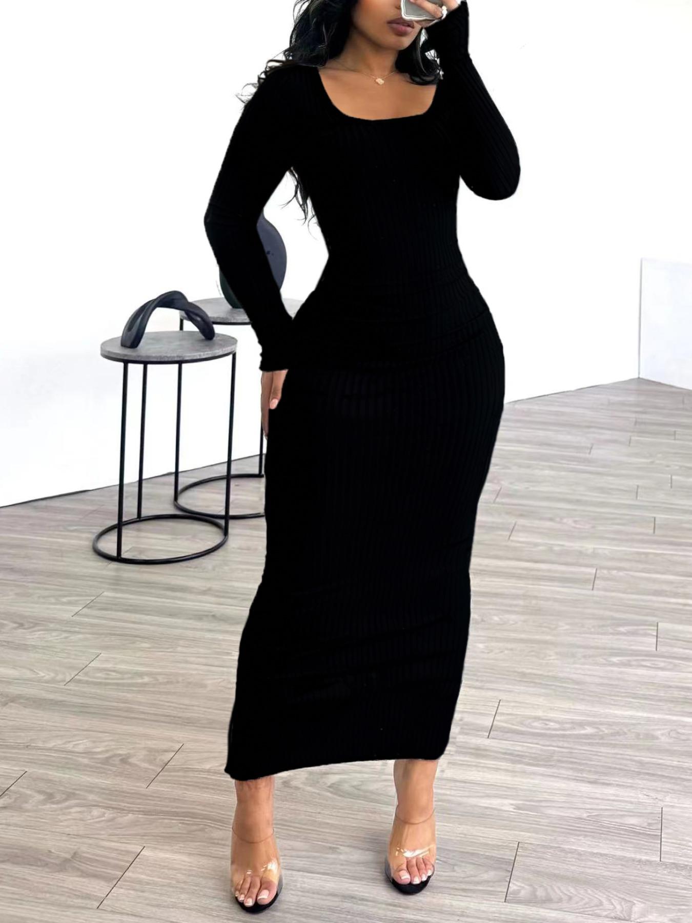 Women's U-Neck Ribbed Dress Spring New Corduroy Print Back Long Skirt, Fashion Sexy Elegant Casual Medium-Length Dress for Autumn Winter