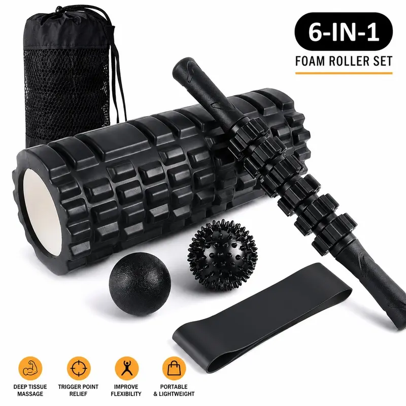 6-in-1 Deep Tissue Foam Roller Set with Trigger Point Roller, Massage Stick, Massage Ball, Peanut Ball, Stretch Strap & Carry Bag for Muscle Recovery, Yoga, Pilates & Fitness, Portable Exercise Equipment