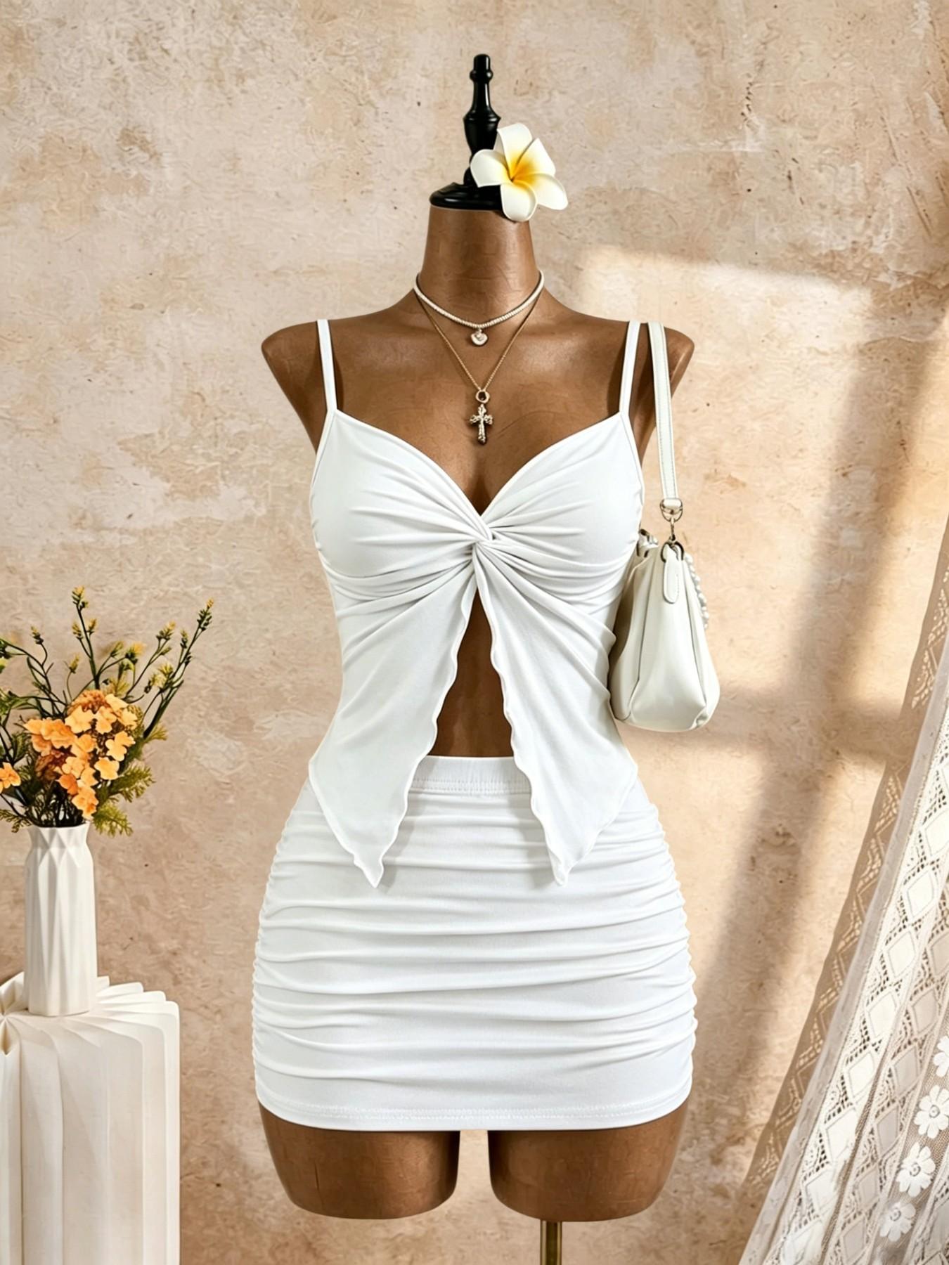 Women's Aesthetic Solid Color Knot Front Halter Top + Pleated Bodycon Mini Dress Set, Outfit, Sleeveless Thin Straps Hollow Out Design, Nightclub Party