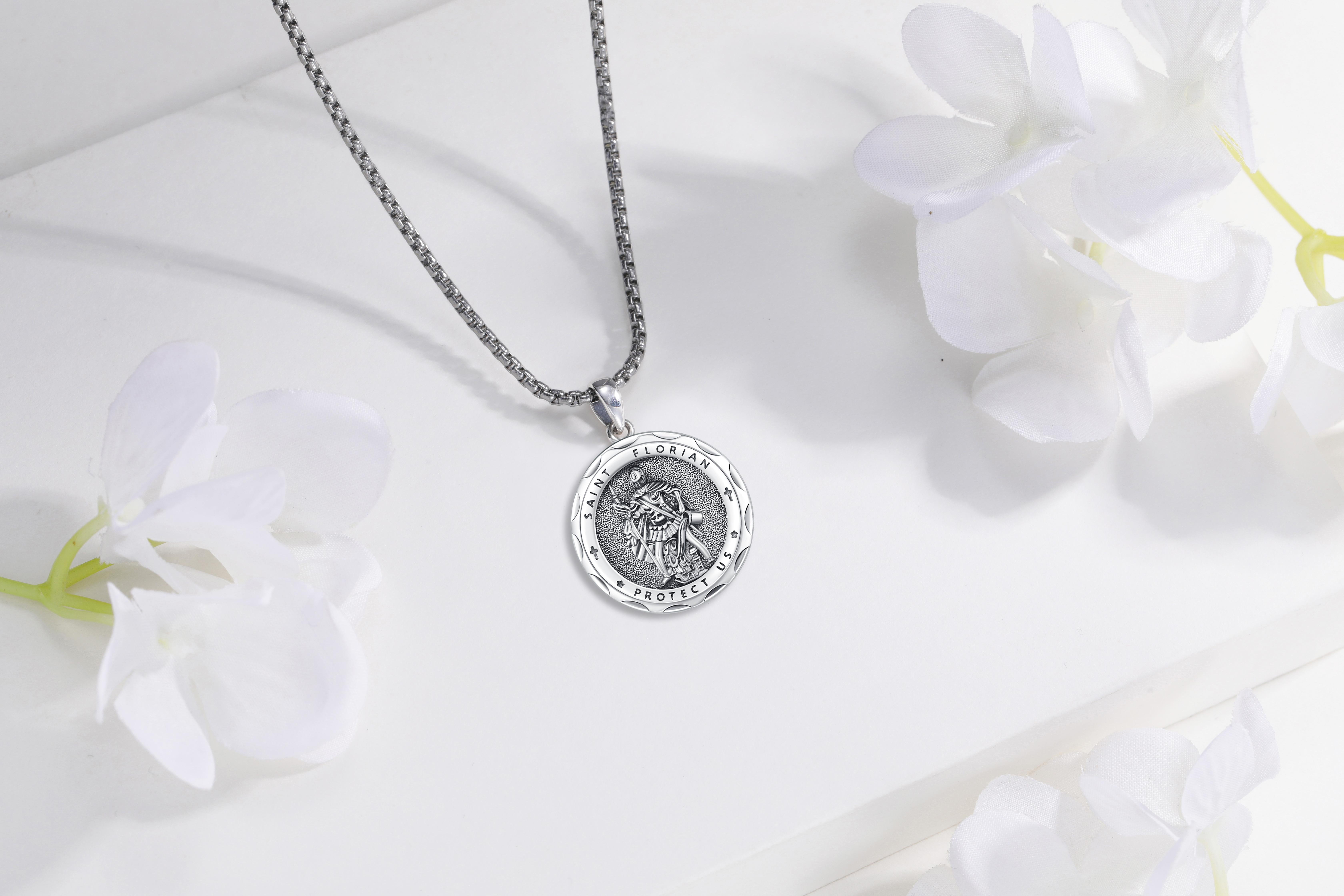 DRINSPER St Florian Necklace for Firefighters S925 Sterling Silver Pendant Los Angeles Fire Protection Jewelry for Fireman Against Fire