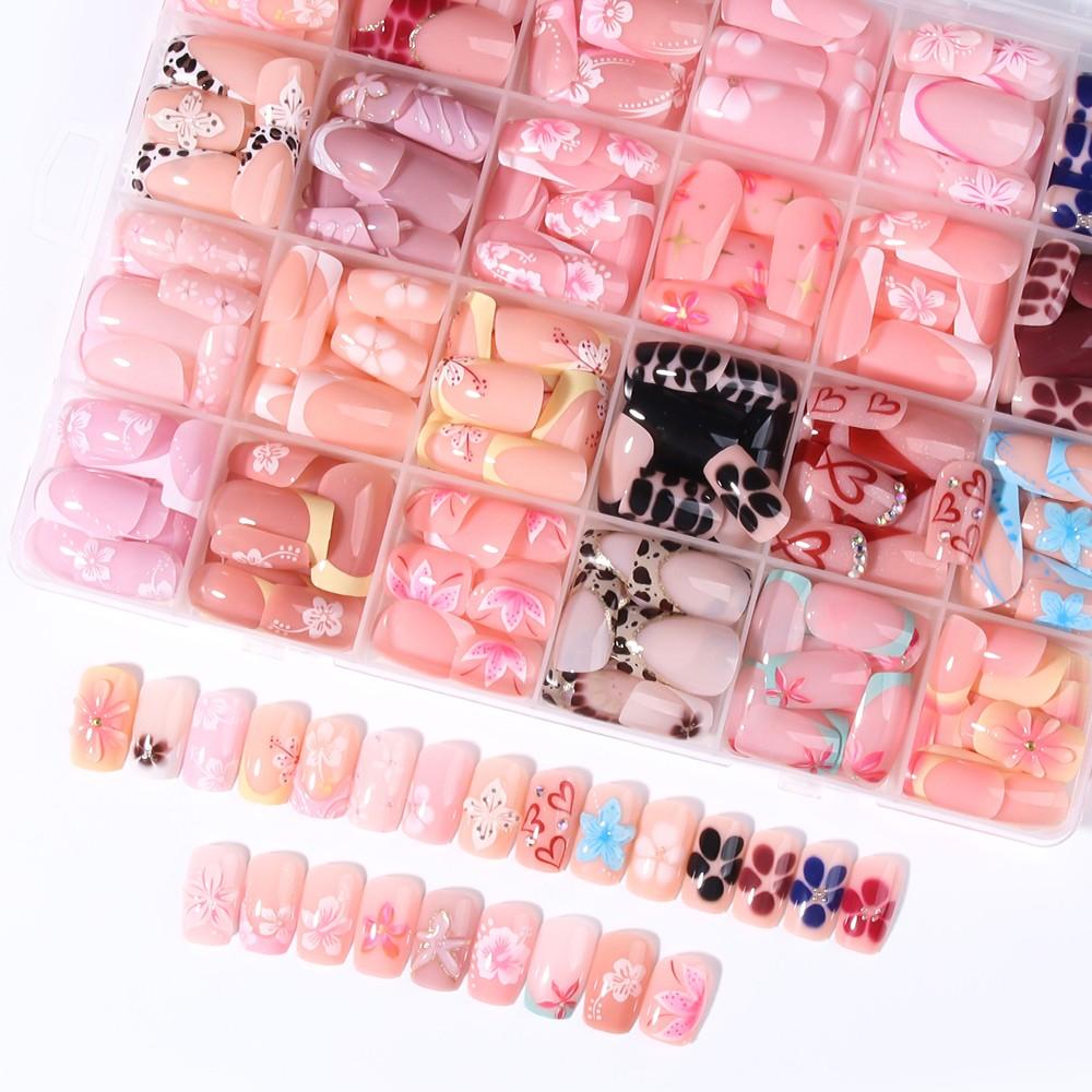 576pcs Short Square French Press-On Decorative Nails, 3D Gel Flower Peony Nail Art with Polka-Dot and Leopard Patterns, Acrylic False Nail Set