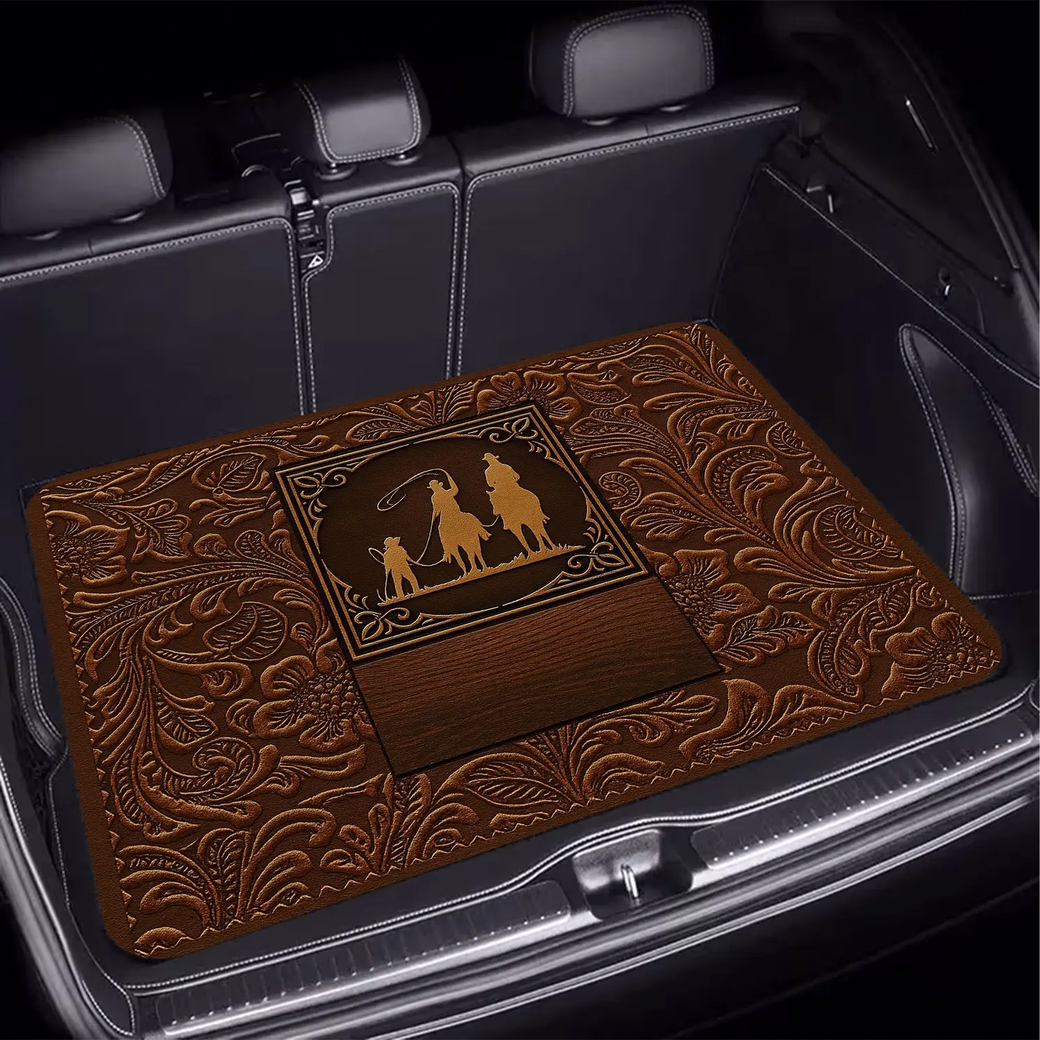 1pc Western Cowboy Style Car Trunk Mat, Vintage Pattern Print, Essential Travel Accessory,  Fit for Multiple Vehicle Models, Interior Car Decoration to Enhance Ambiance, Keeps Your Trunk Clean and Dry. Suitable for Outdoor Picnics, Long-Distance Road