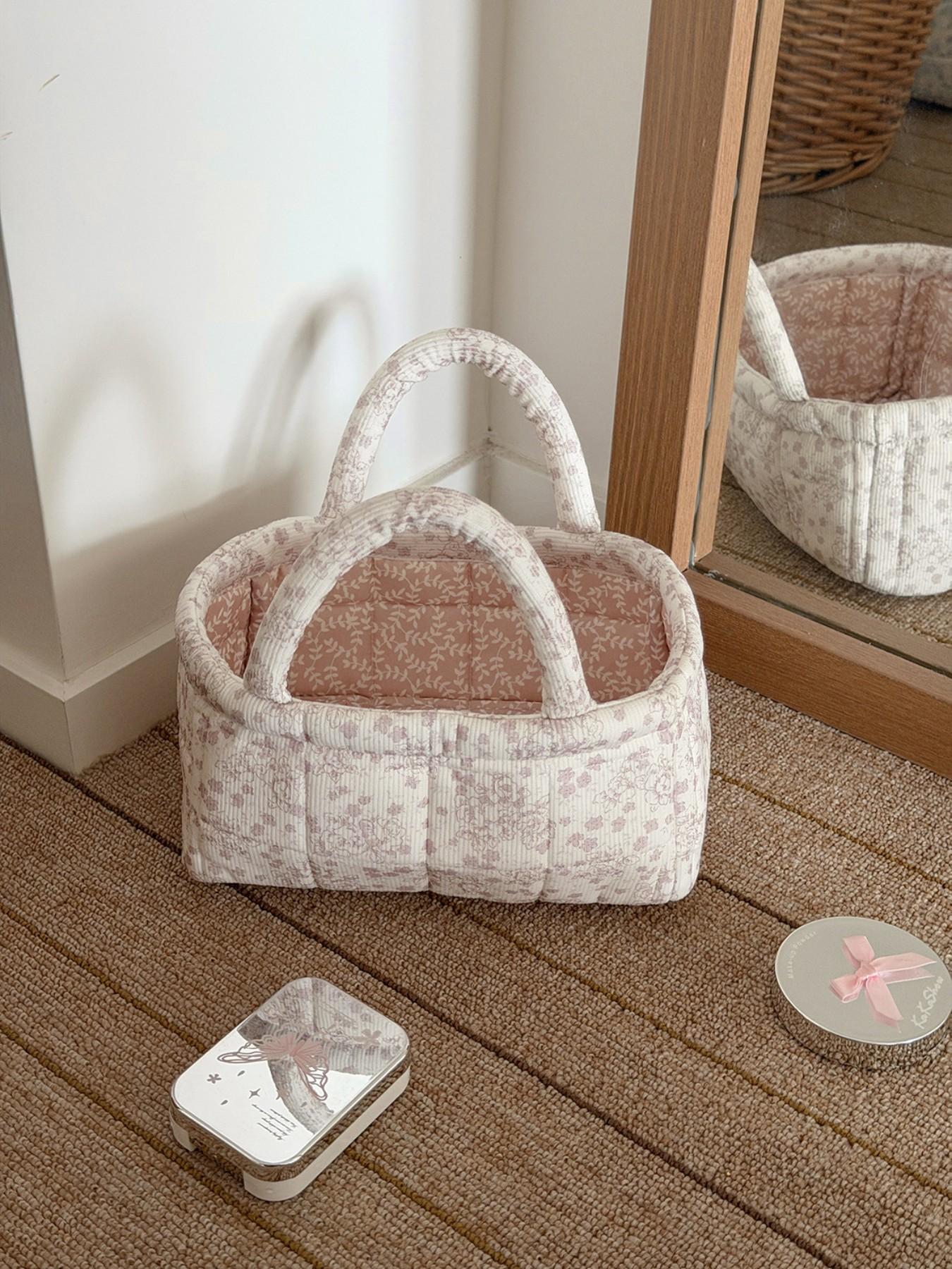 Floral Quilted Fabric Storage Basket,  Style Handheld Organizer Bin for Cosmetics & Sundries,ONLY SELL 1PC