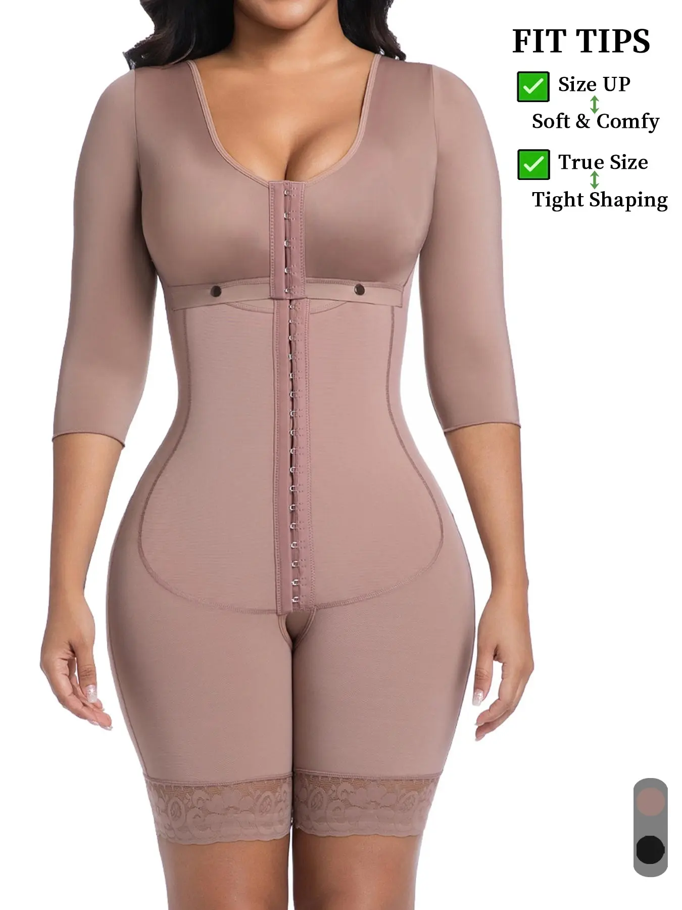 Women's Three-Quarter Sleeve Soft Knit Fabric Round Neck Compression Body Shapewear Bodysuit, Compression Body Shaping, Front-Button Design with Dual Buckle Closure, Strong Waist-Cinching Effect, Fall and Winter Essential