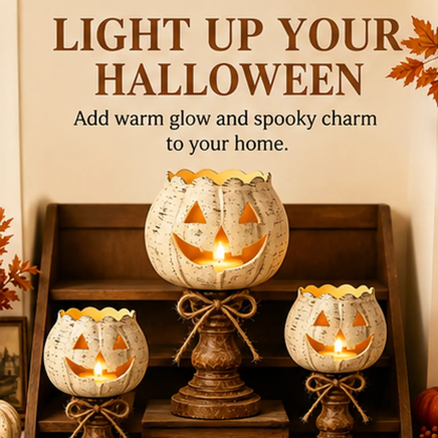 3 PCS Halloween Pumpkin Candle Holders, Rustic Jack O Lantern Pedestal Candle Stands with Twine Bow, Vintage Farmhouse Fall Table Decor for Mantel Shelf Entryway Dining Table, Thanksgiving Halloween Home Party Decoration