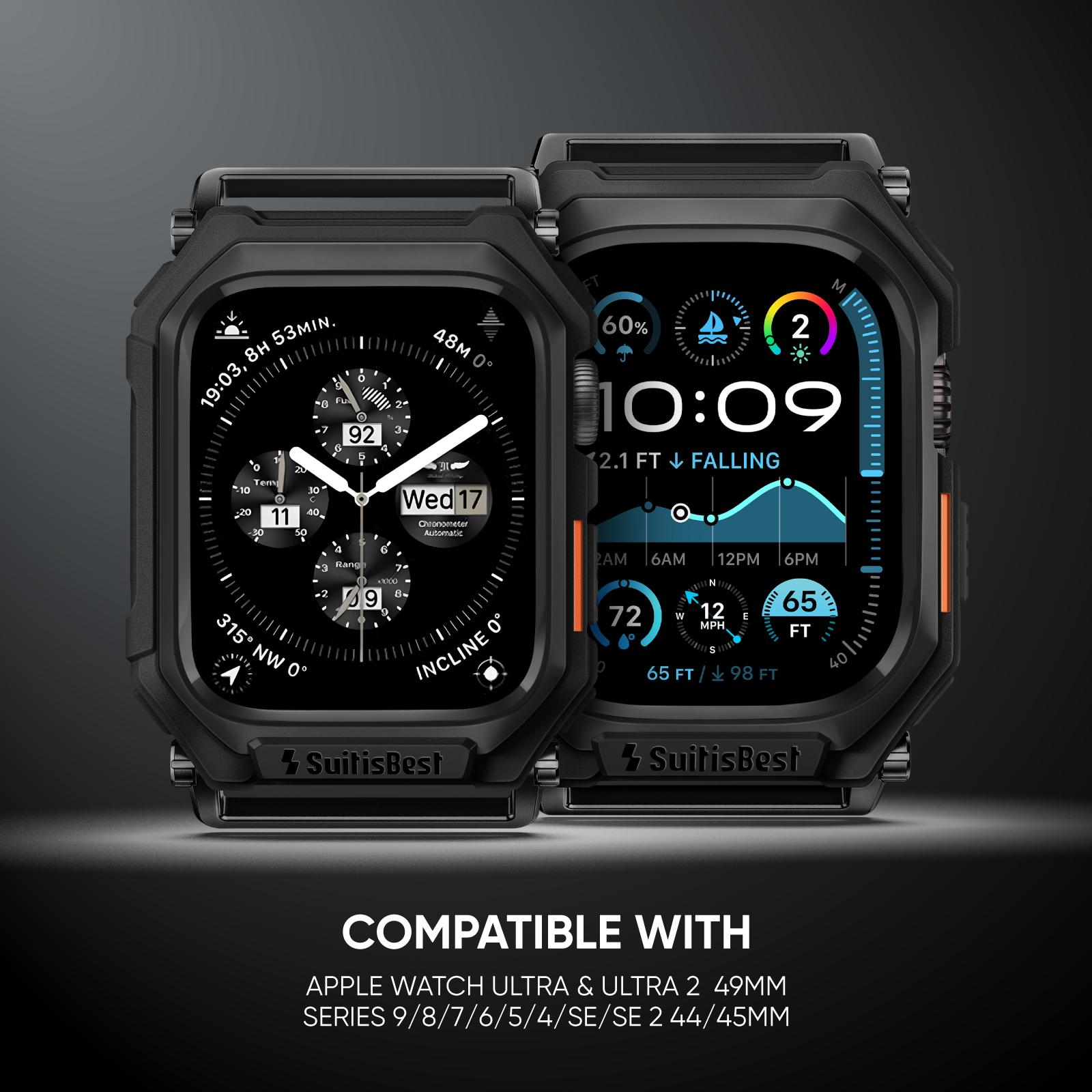 Rugged Case with Band for Apple Watch Ultra 49mm 46mm 45mm 44mm, [For 145-210mm wrists] Stretchy Nylon Solo Loop with Protective Cover TPU Bumper for iWatch Ultra Series 11 10 9 8 7 6 5 4 SE