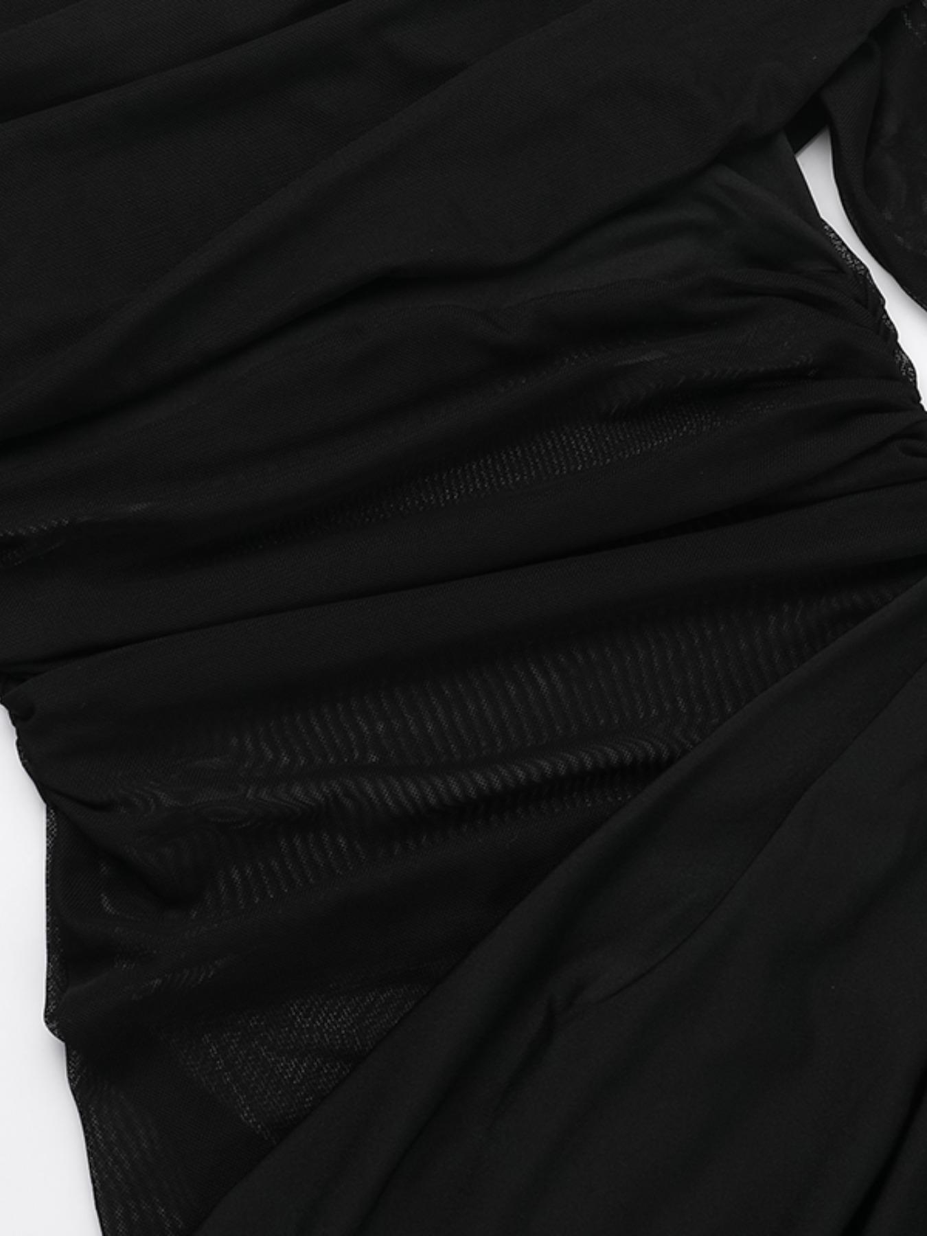 Women's Plain Off Shoulder Ruched Sheer Mesh Dress, 2025 Elegant Long Sleeve Long Dress for Party Banquet, Ladies Summer Clothes