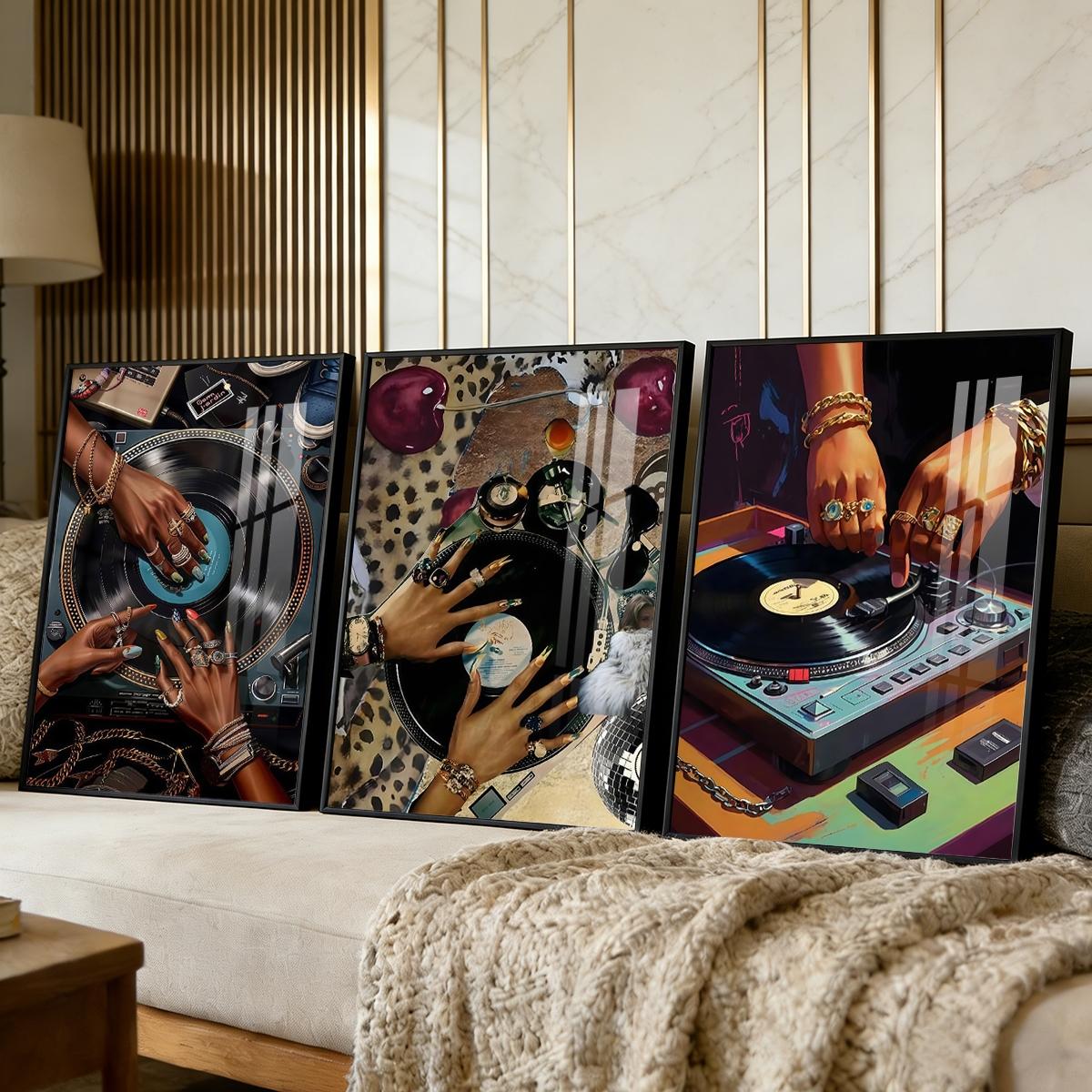 3 Counts Aluminum Alloy Framed Painting, Stylish DJ Vinyl Record Player Art Picture, Home Decoration For Living Room, Bedroom, Office, Restaurant, Hallway Wall Decor, Odorless Print Artwork, Luxury Perfect Gift For Friends And Family