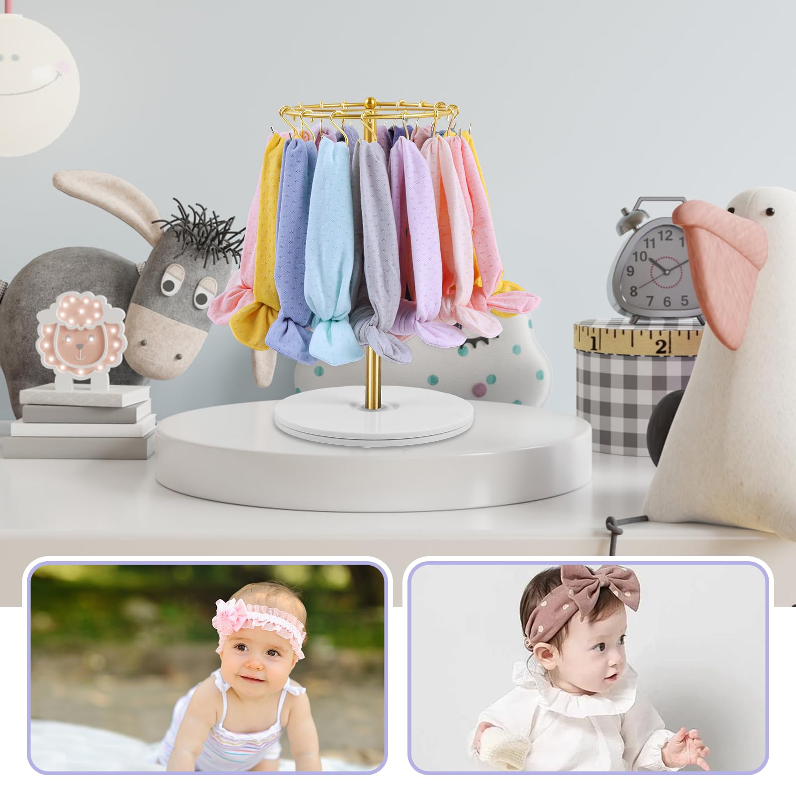 Baby Girl 360° Rotating Headband Holder with 26 Hooks, Hair Bow Storage Rack, Nursery Dressing Table Organizer