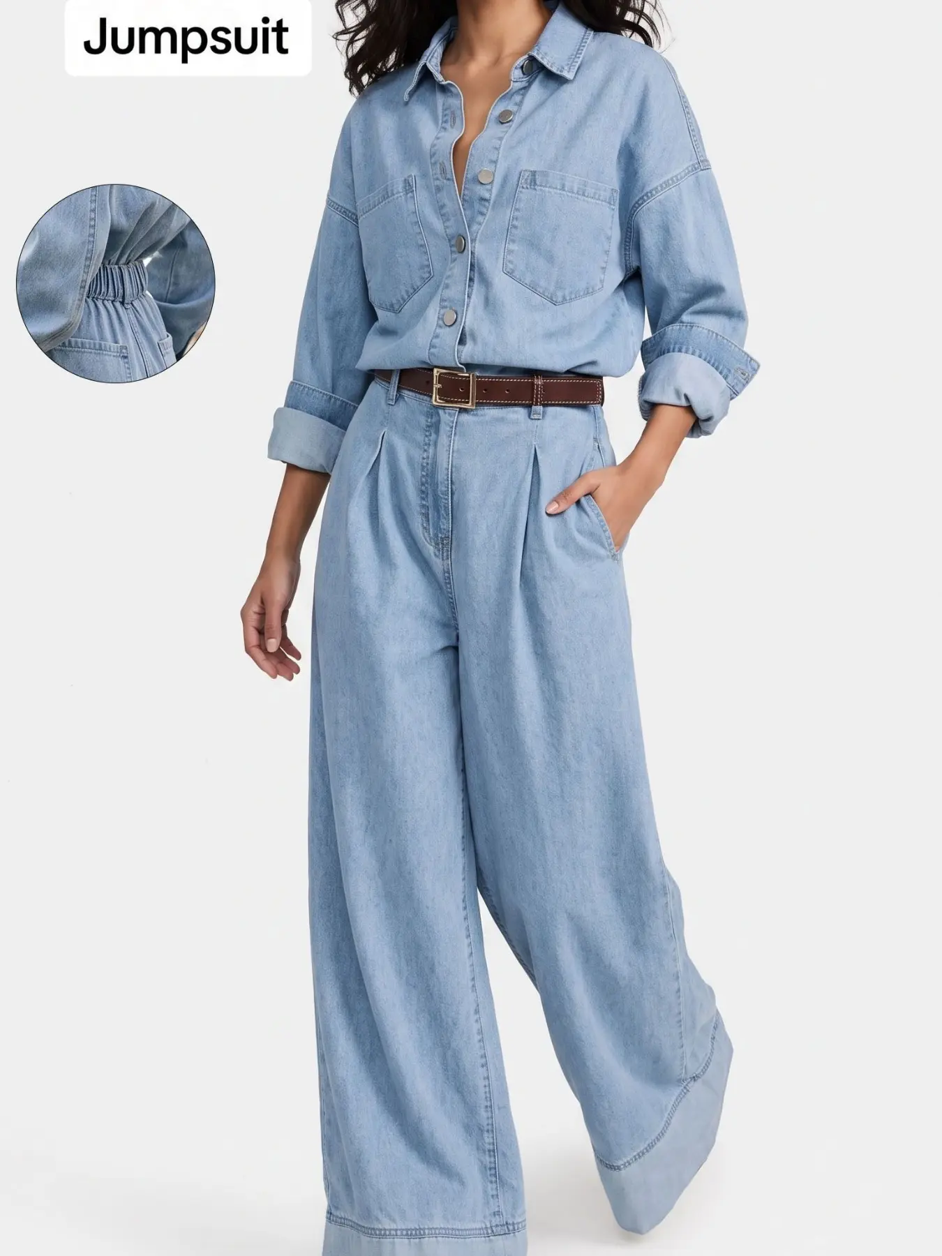 Women's Denim Jumpsuit, Loose Fit High-Waisted Ruched Wide Leg, All-Season Casual Wear, Long Sleeve, Natural Waist, Plain Pattern
