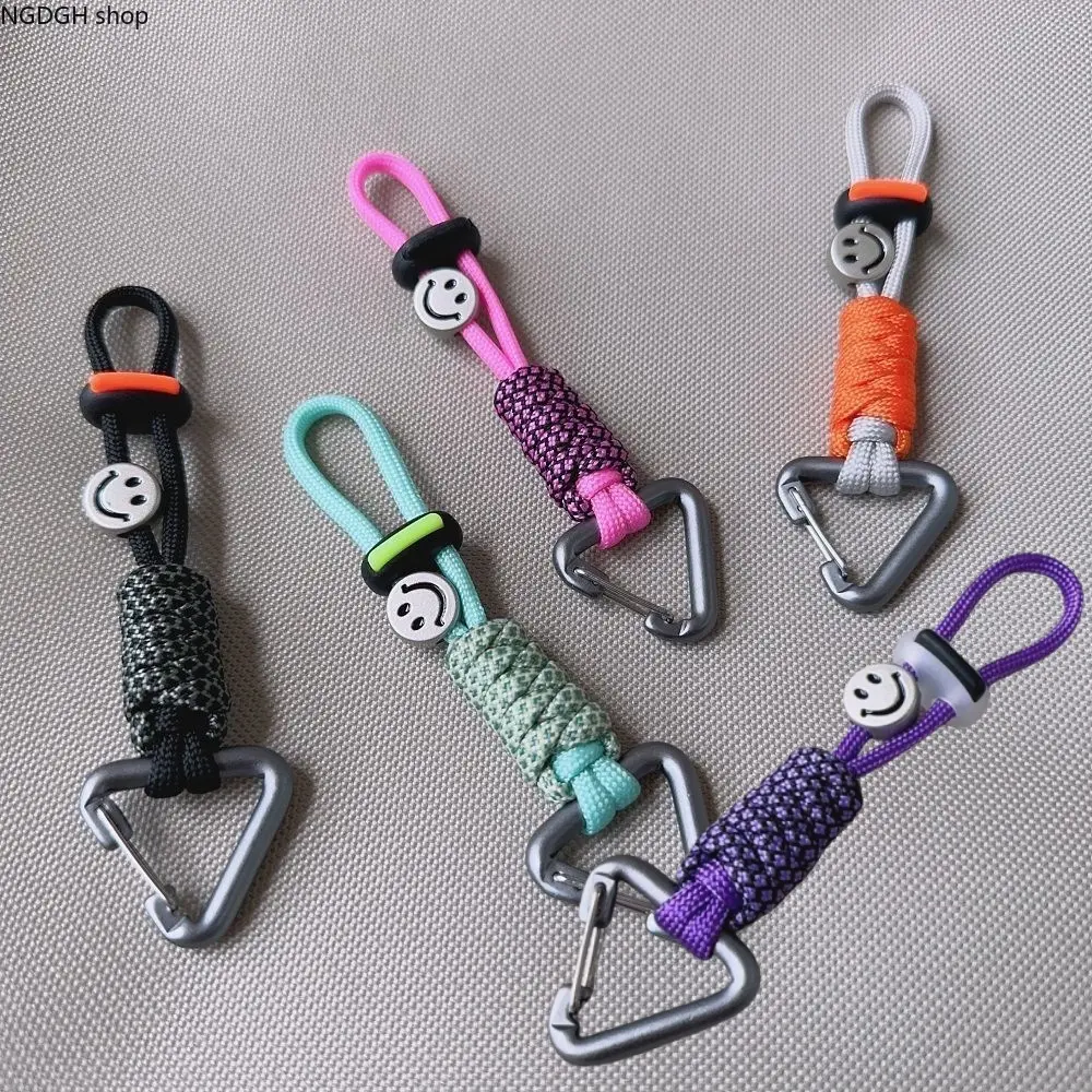 Hand Knotted Paracord Carabiner Keychain,Cute Smiley Face Charm Braided Key Lanyard,Lightweight Triangle Snap Hook,Street Style Pendant For Backpack,Outdoor Camping Use & Holiday Gift For Youngsters