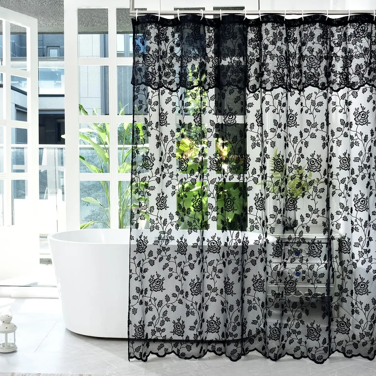 Black Lace Shower Curtain with Attached Valance, 72x72 in, 1 Panel - Reinforced Top Holes, Vintage Gothic Style, Soft Light Diffusion, Subtle Privacy, Moody Farmhouse Bathroom Accent | Indoor Furniture Shower Curtains