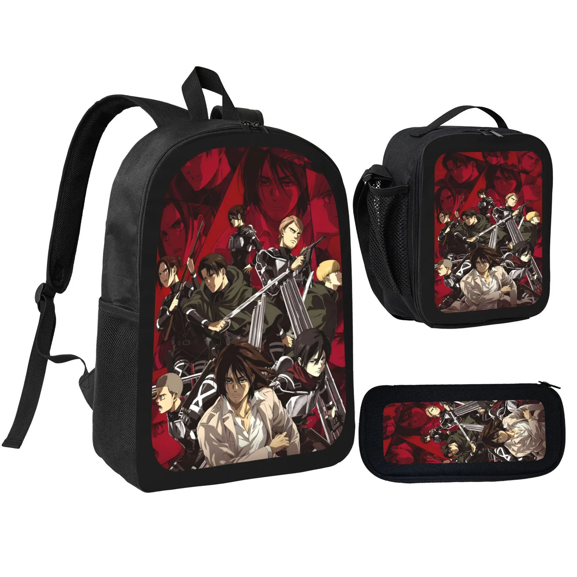 Attack on Titan Anime Theme Modern Backpack Set for Students - 3-Piece Synthetic 600D Oxford Fabric School Bag with Insulated Lunch Box, Pencil Case, Ergonomic Design, 15-Inch Laptop Compatibility, Fits A 15-Inch Laptop