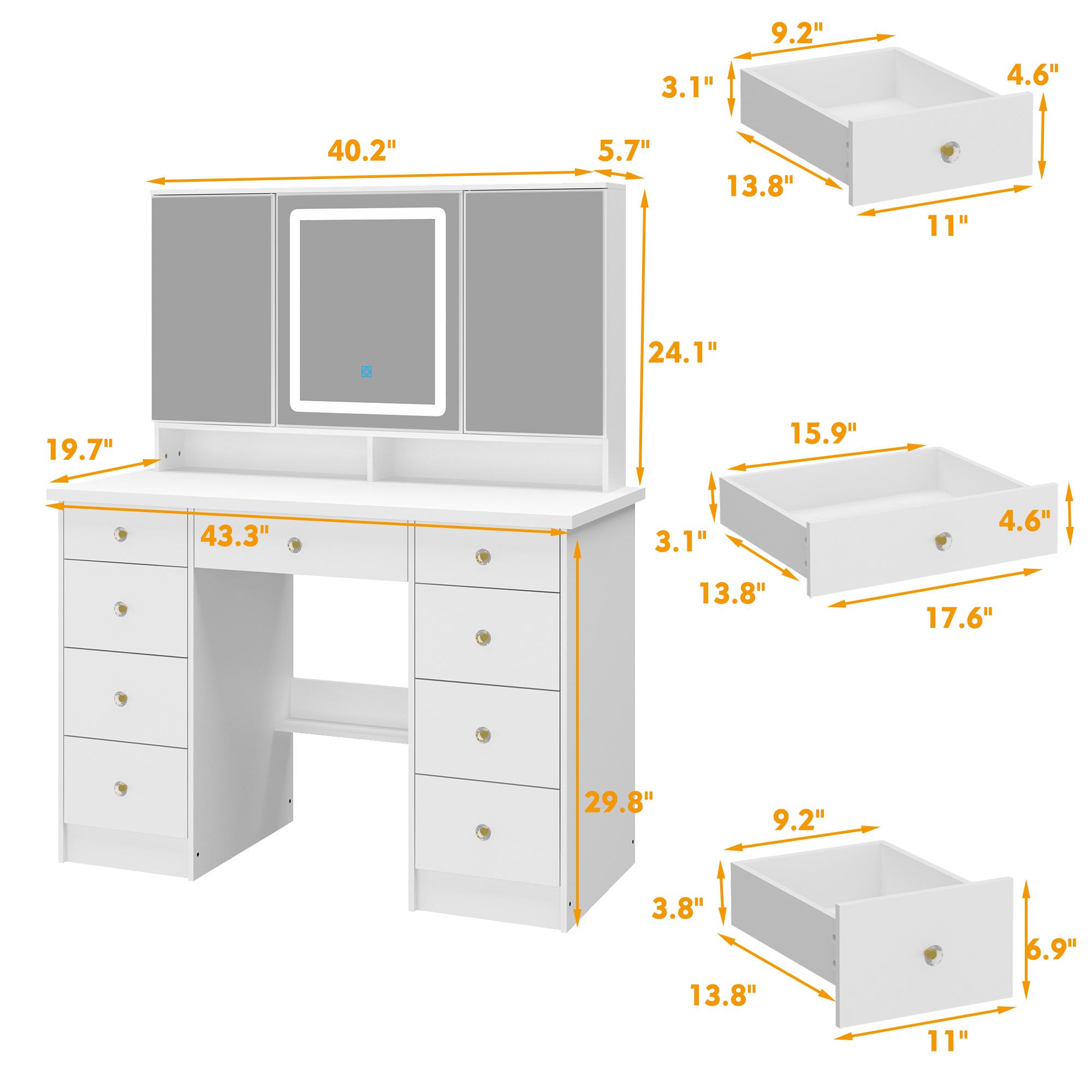 FUFUGAGA-43.3"W Vanity Desk With 9 Drawers, Makeup Desk With 3-Mirror And Touch Screen Light, Dressing Makeup Table For Bedroom