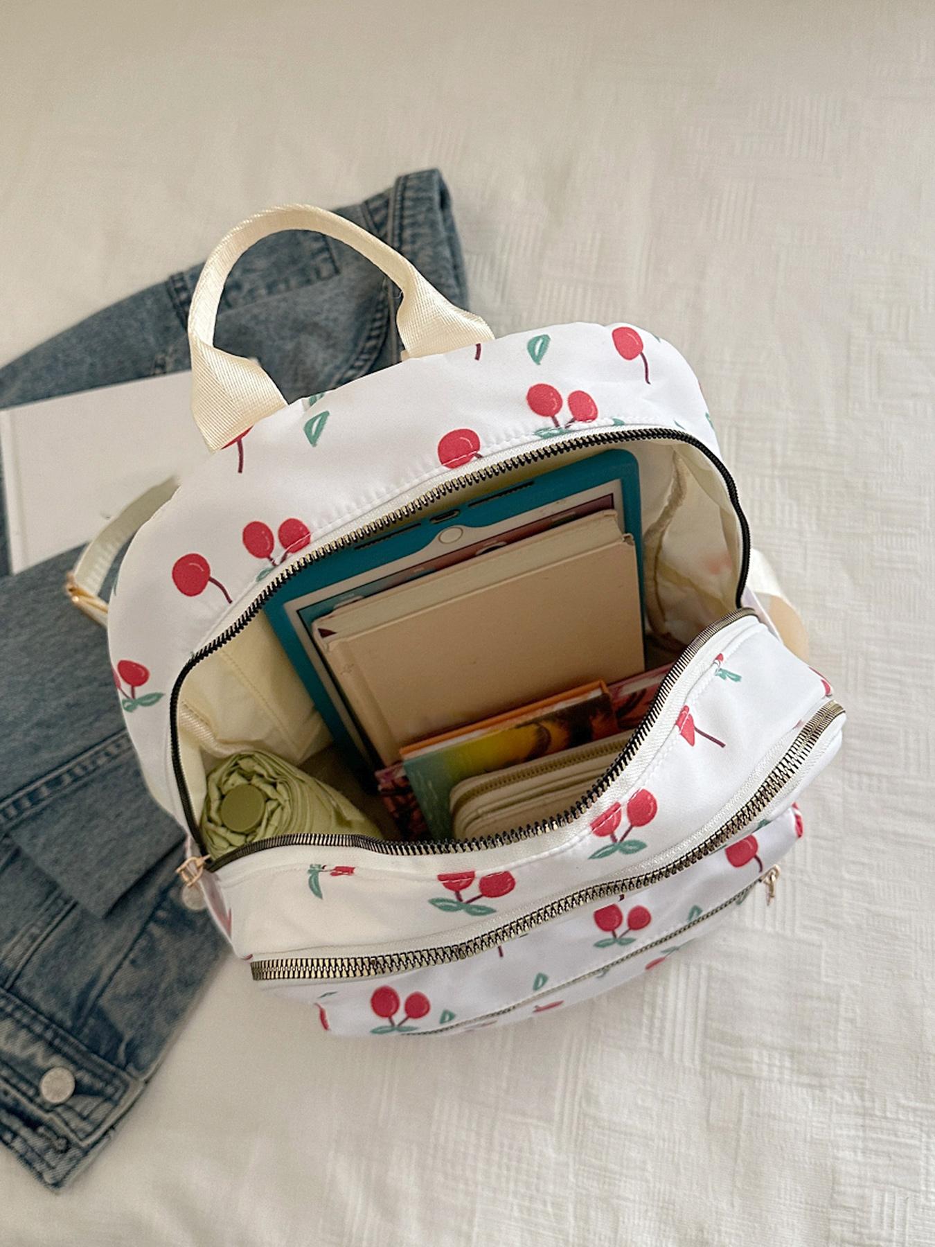 Sweet and fresh cherry element backpack, simple design, fashionable and exquisite, energetic campus style, versatile, light and practical, good for shopping and traveling, suitable for daily commuting  etc.