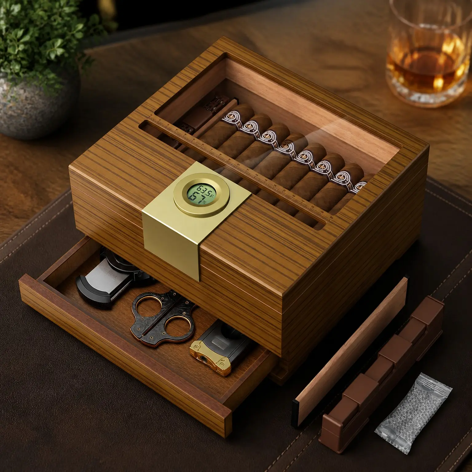 Cedar Wooden Humidor Case with Hygrometer, Humidifier, Drawer, Divider, Cigar Length Gauge - Desktop Cigar Box Gift AccessoriesGift