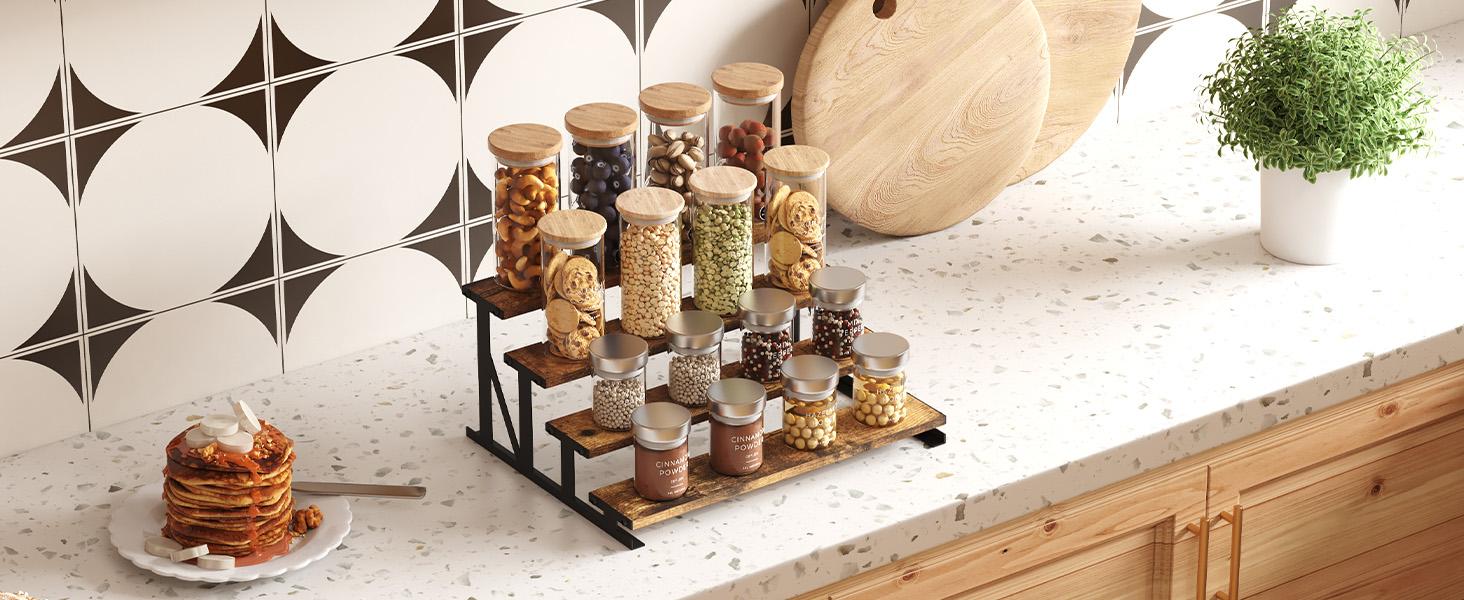 Brown Wooden Step-Tiered Multi-Purpose Storage Rack (9.9x9.3x6.1") - Men's Organizer, Cologne Stand Display, Perfume Display, Side Mount, Easy Installation for Bedroom, Kitchen Countertop (1 Pcs), Metal, Wood & Metal