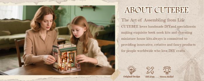 CUTEBEE DIY 3D Book Nook Kit Sunny Cafe – Miniature Wooden House with LED Light, Handmade Alley Bookshelf Decor for Adults | Holiday, Christmas and Black Friday Gift