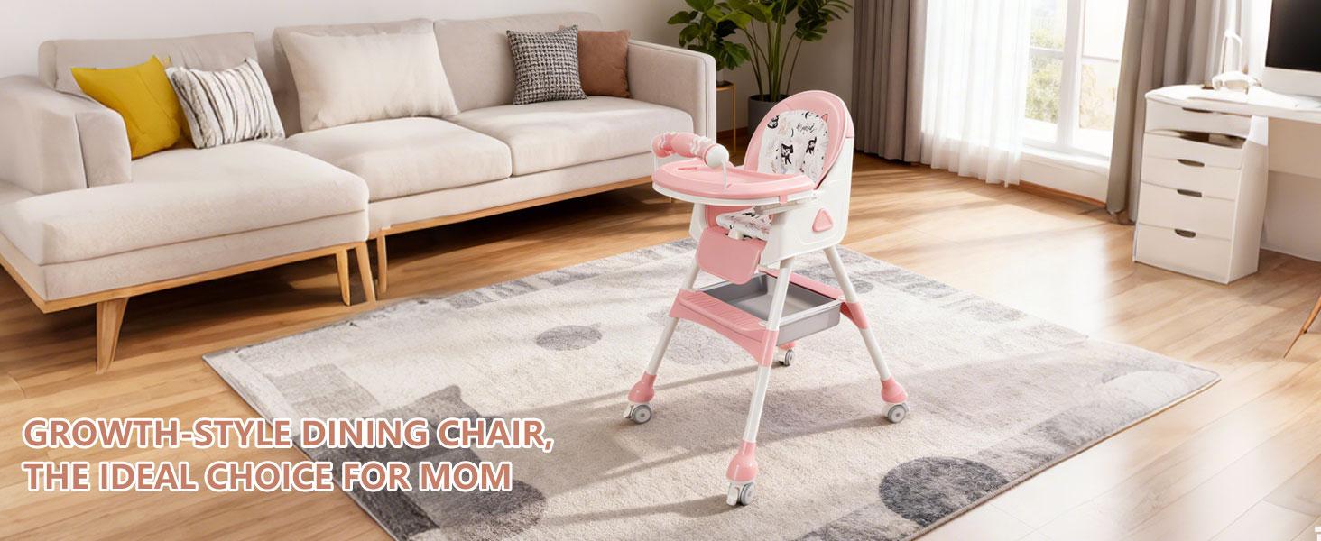 3-in-1 Adjustable Baby High Chair with Locking Wheels, Portable Highchair for Ages 6 Months to 3 Years, Multi-Functional Baby Seat, Rocking Chair, Booster Seat, Easy Folding