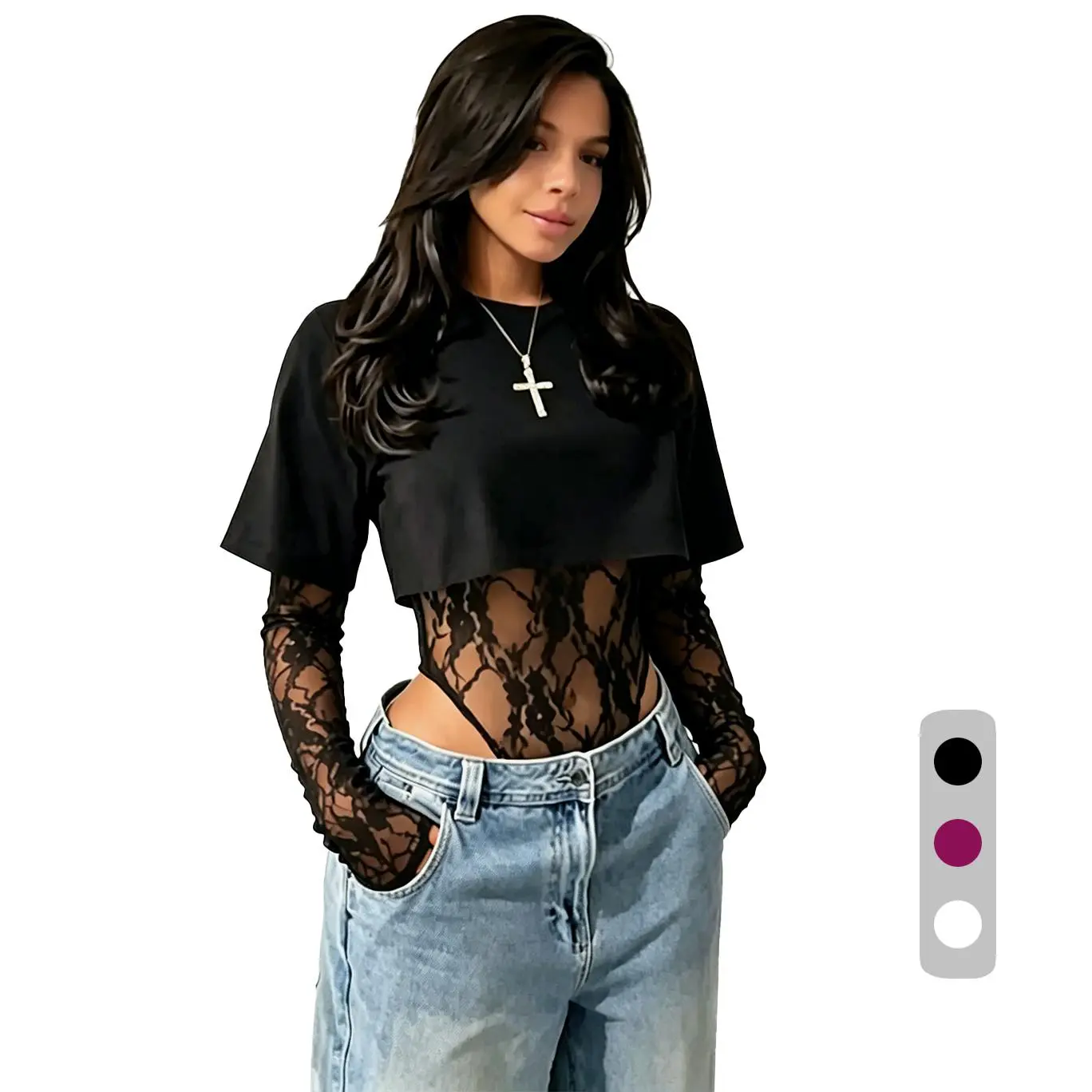 Women's Lace Jacquard Long-Sleeve Snap Bodysuit Set - Streetwear High Street Style, Lace Top, Crew Neck Plain Pull-On Polyester Short Crop Top, Skinny Detail Casual Bodysuit