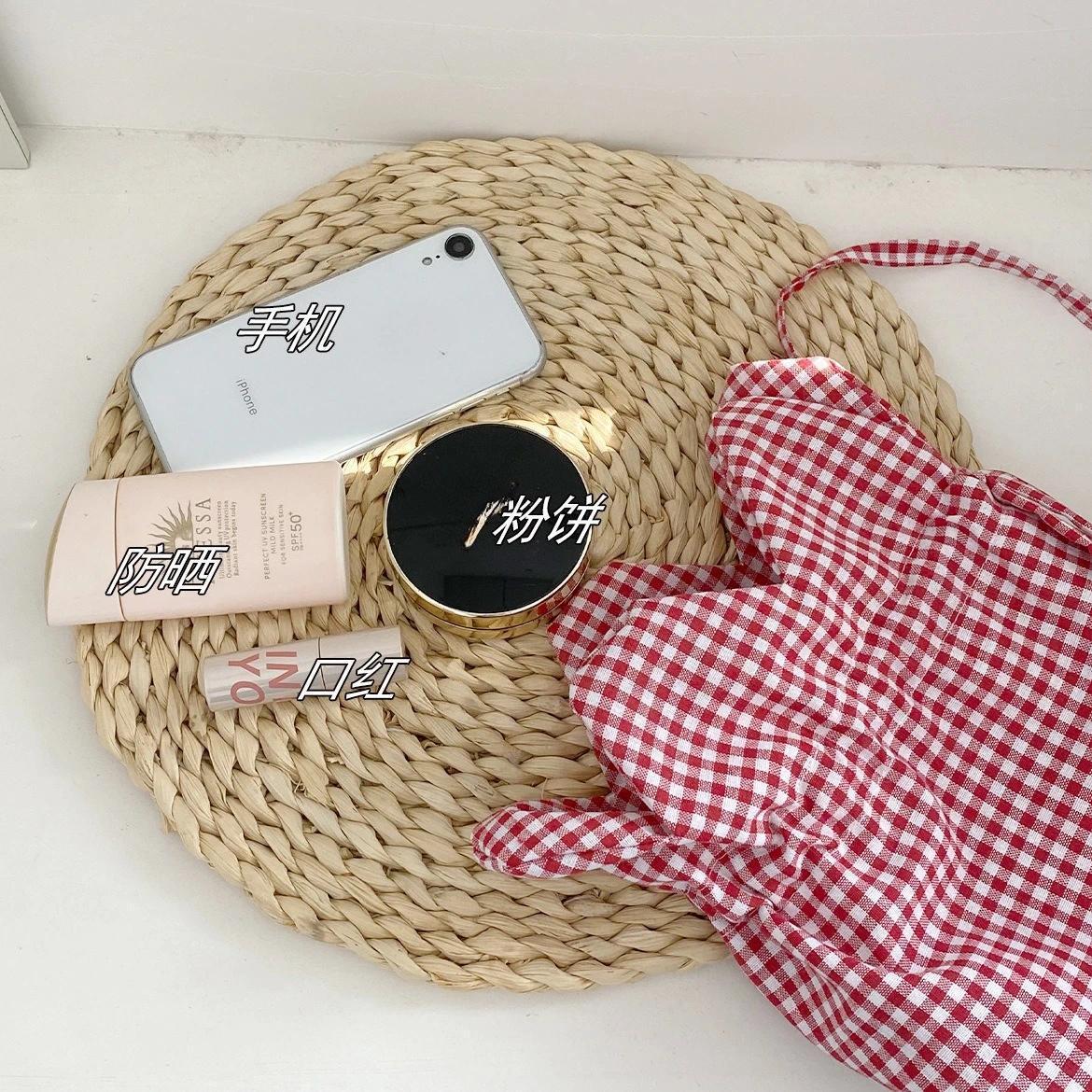 Retro Denim Women's Flower Phone Pouch Crossbody Bags Cute Plaid Plush Female Bucket Shoulder Bag Girls Clutch Storage Handbags