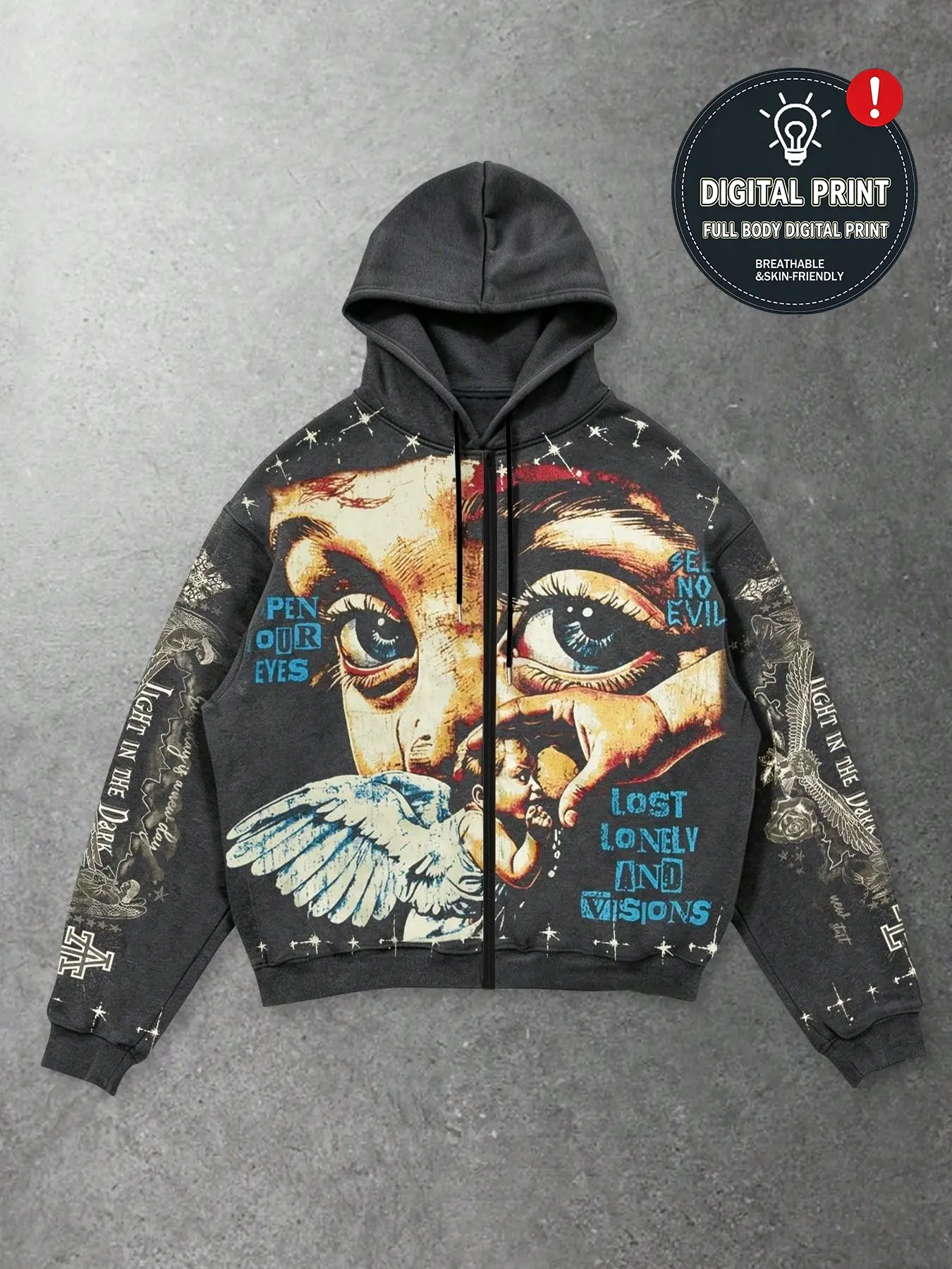 Men's Zipper Hoodie, Angel Eyes Print, Full Body & Sleeve Art Pattern, Loose Gothic Hip Hop Street Jacket, Sporty Fitted Styleropa de hombre, Streetwear