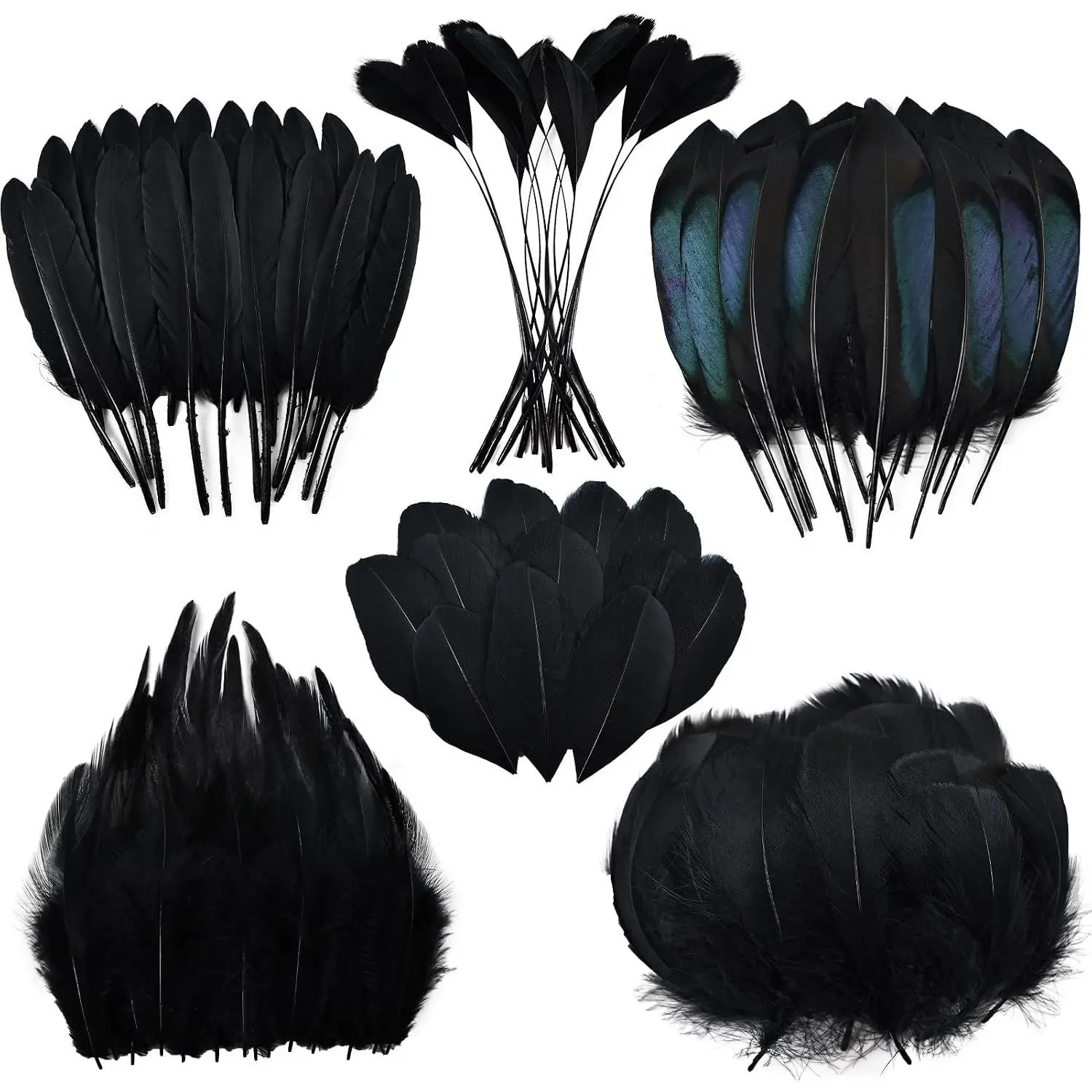 Black Craft Feathers Bulk - 180pcs 6 Style Mixed Natural Feathers for Wedding Home, Dream Catcher Supplies and DIY Crafts (Black)
