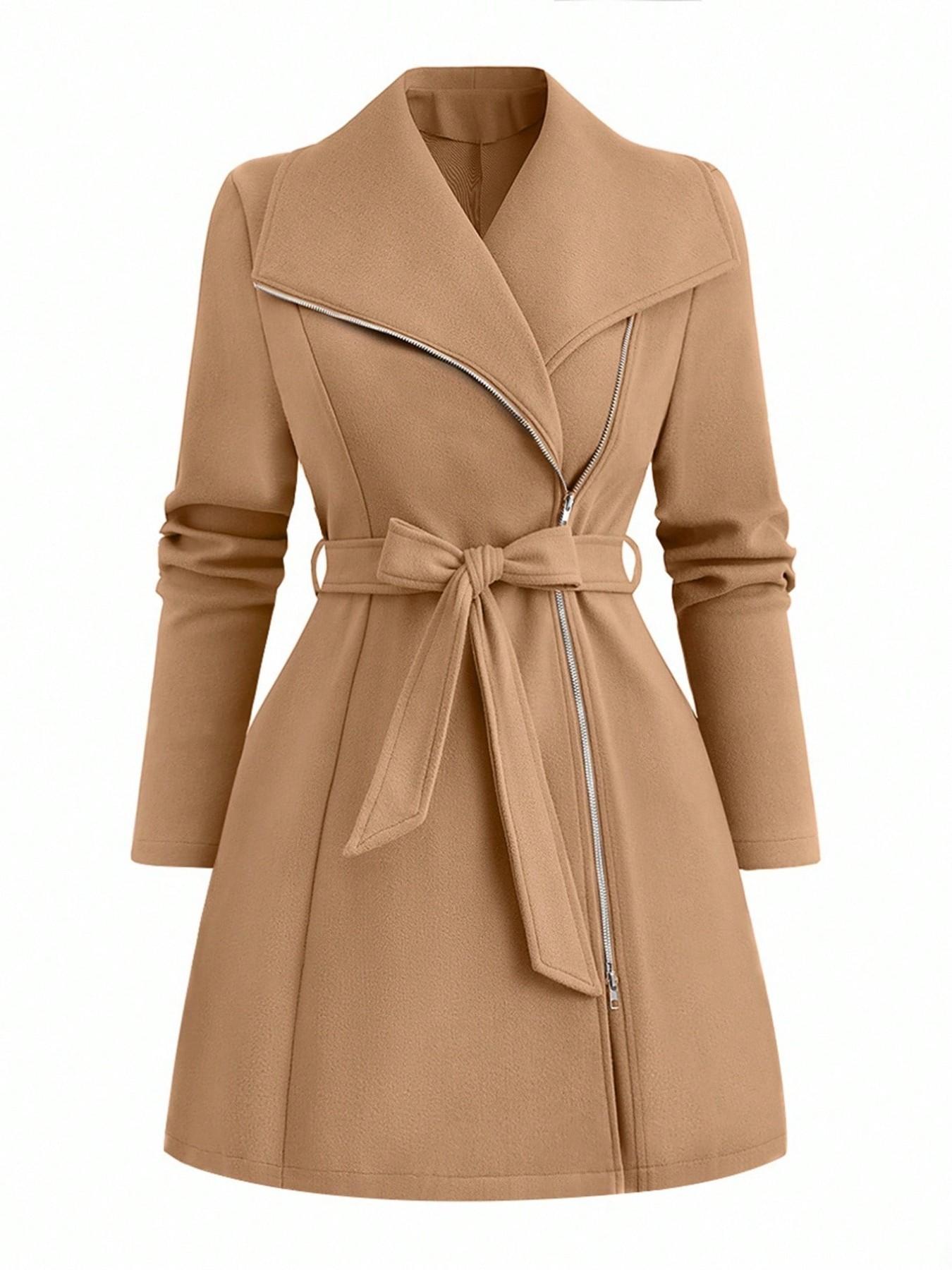 Plus Size Women’s Elegant Belted Coat, Long Sleeve Zip Front Lapel Outerwear, Chic Casual Fall Winter Long Jacket for Work, Going Out and Everyday Style
