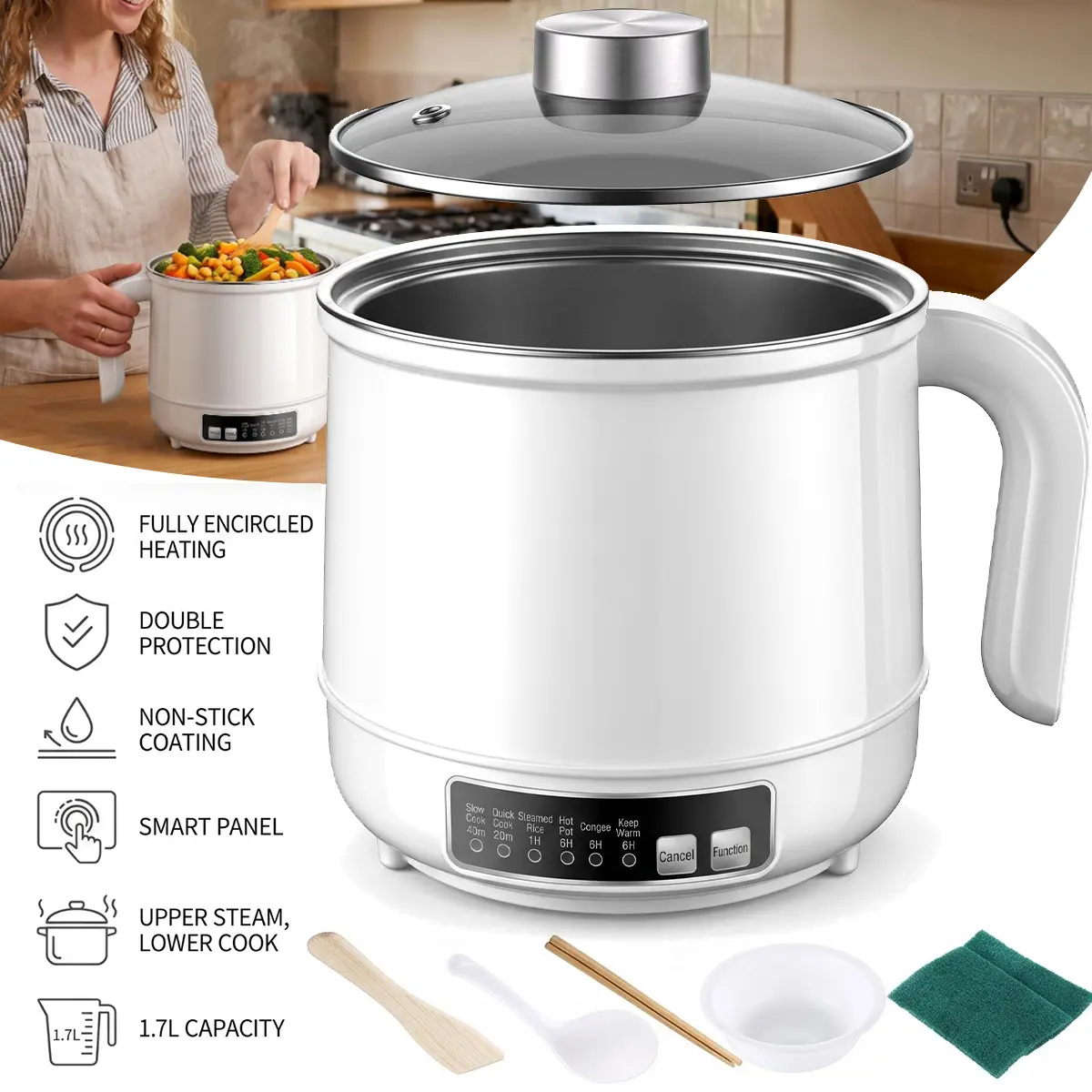 1.7L Electric Cooking Pot, 300W/600W Adjustable Heat Nonstick Electric Hot Pot , 110V US Standard 3-Prong Plug, Rice Cooker, Steamer & Frying