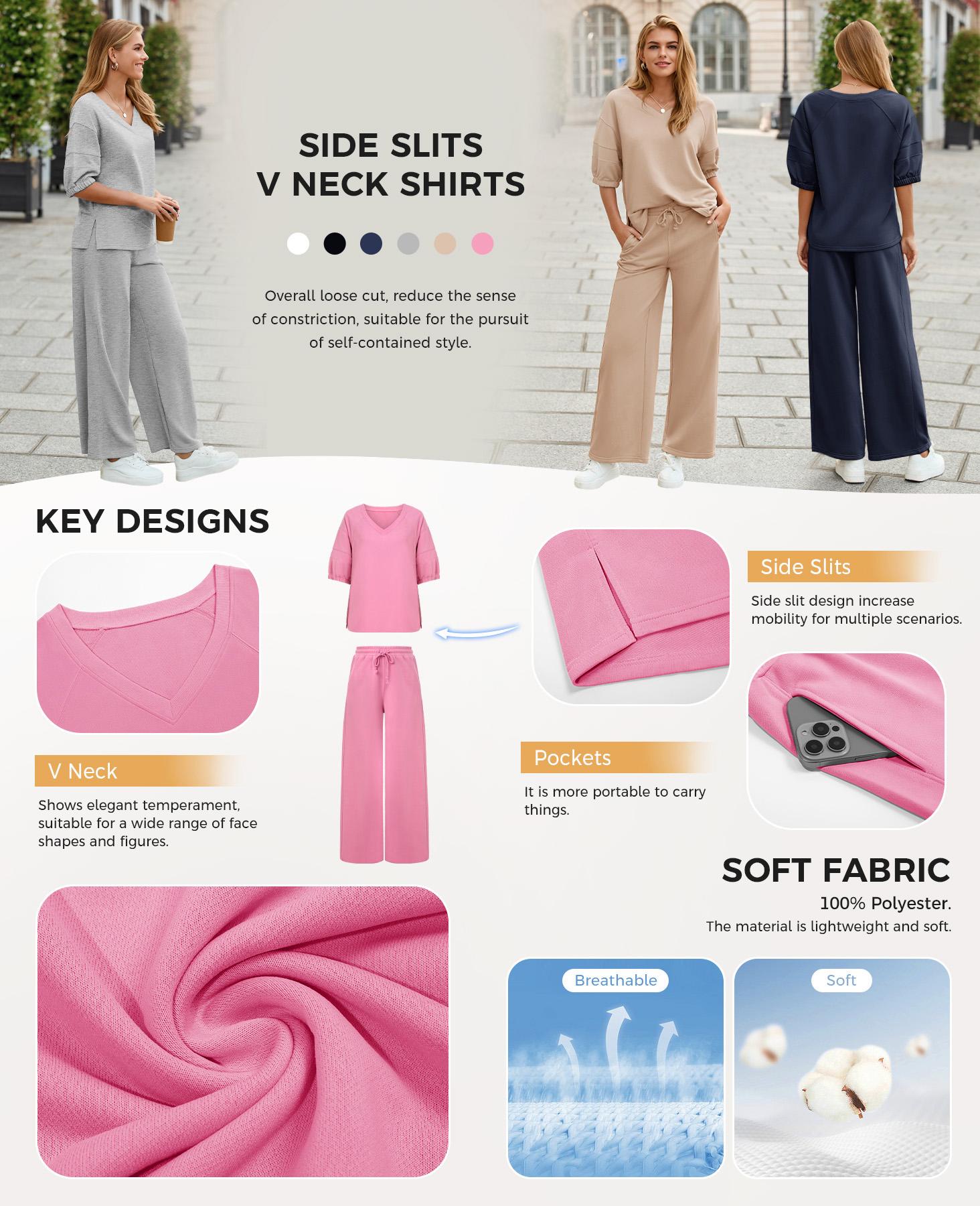 Fisoew Womens 2 Piece Outfits Casual V Neck Shirts Wide Leg Running Long Pants Loose Workout Tracksuit Sets