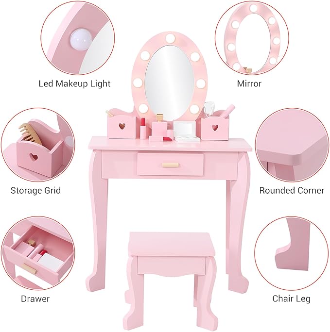 Kids' Vanity Set with Mirror and Light, Makeup Table and Stool for Girls, Vanity Table and Chair Set with Wood Makeup Playset for 4-9 Girls