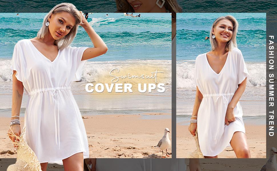Womens Swimsuit Coverup Short Sleeve Beach Cover Up Dress V Neck Bikini Beachwear