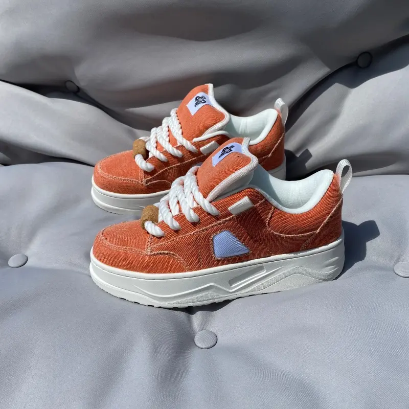 Burnt Orange Low Top Bread Sneakers Unisex Casual Shoes, Thick Twisted White Rope Laces, Ultra Thick Padded Tongue, Height Boost Platform Sole, Extended Large Sizes, Trendy Street Skate Footwear For Back To School, Daily Walks And Casual Street OOTD