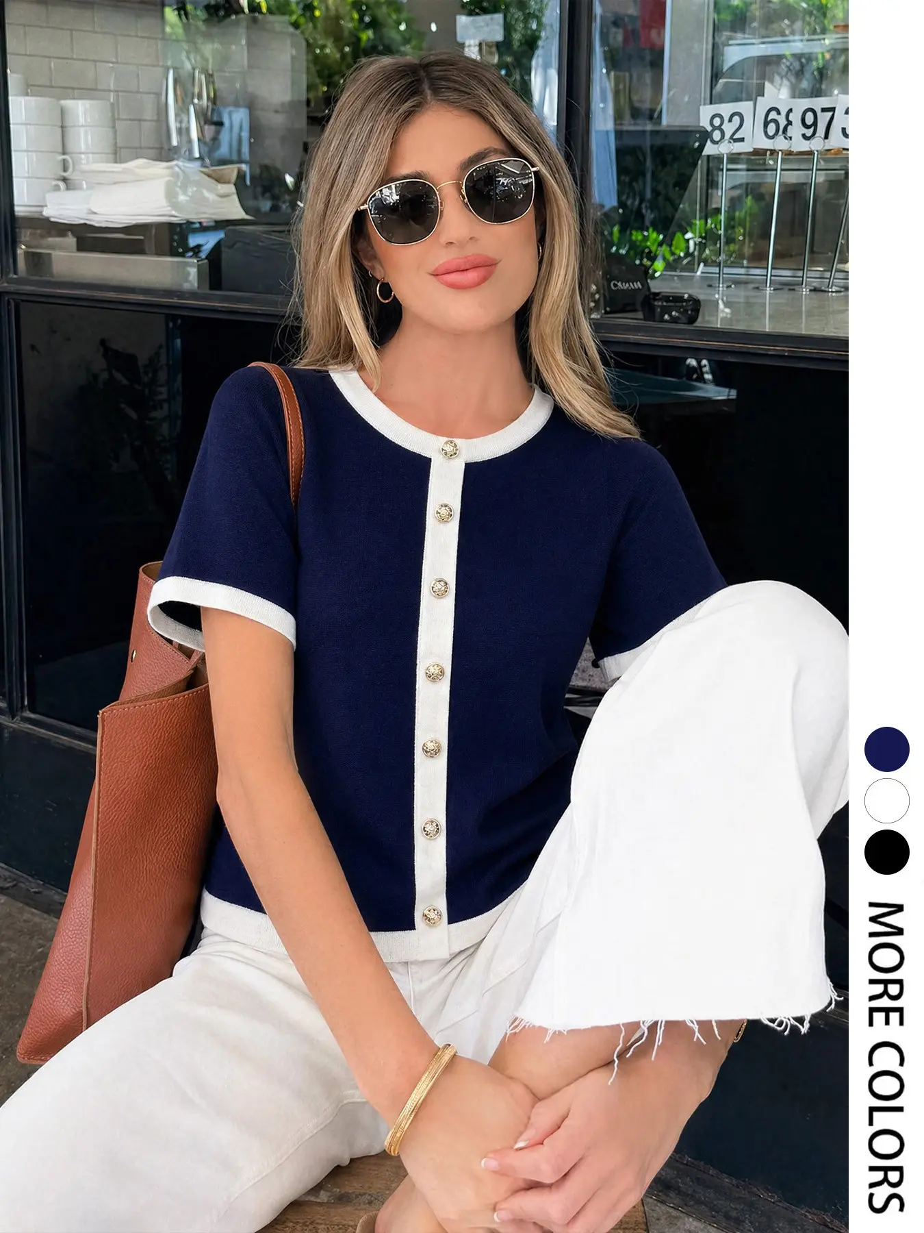 Elegant Women's Fall Winter Fashion Casual Home Office Pullover, Colorblock Round Neck Short Sleeve Knitwear Knit Top, Simple Fitted Design, Casual Knit Sweater, Casual Pullover Tops